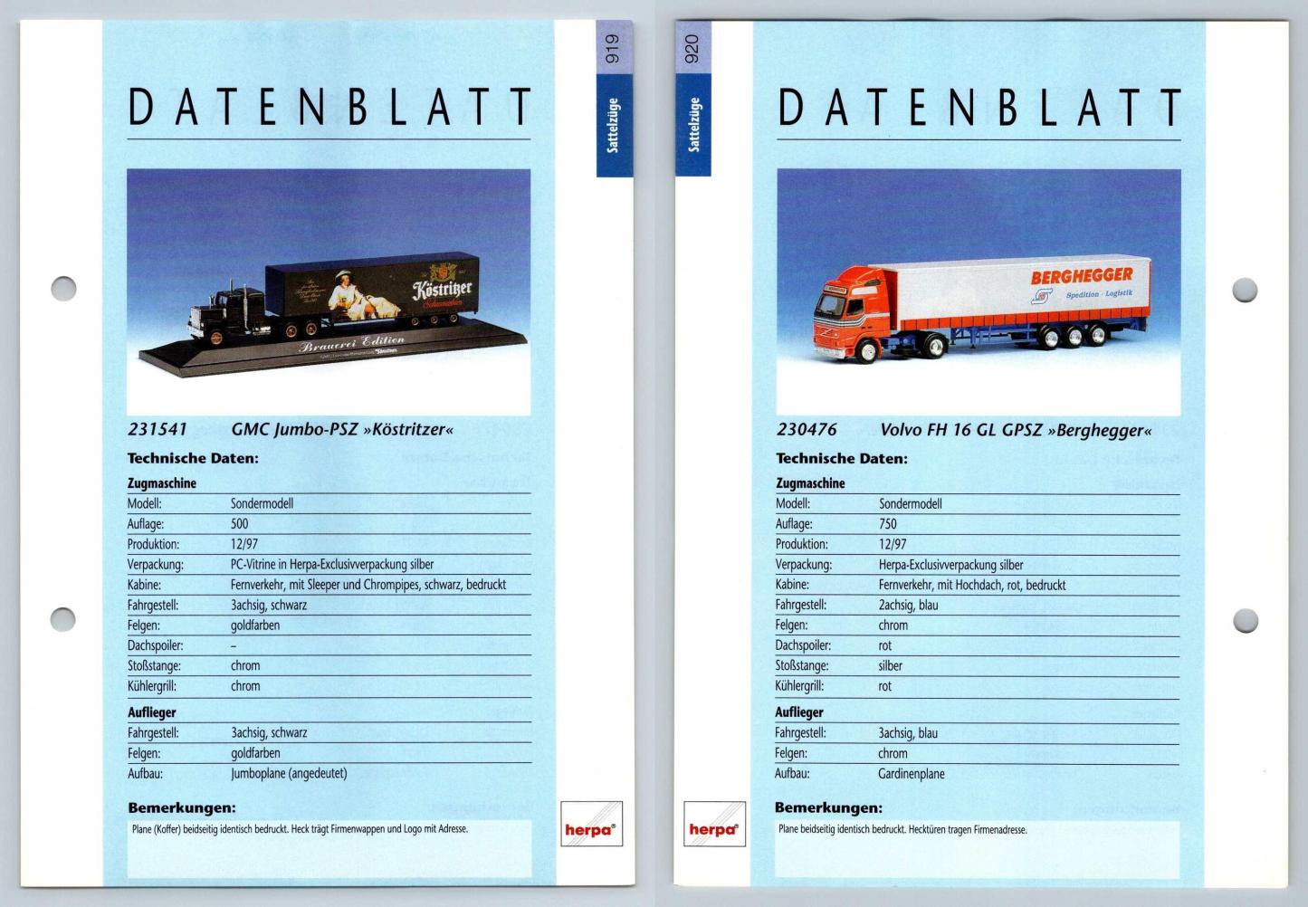 GMC Jumbo / Volvo FH 16 GL #919/20 Sattelzuge - Herpa Data Sheet-Breakoutcards