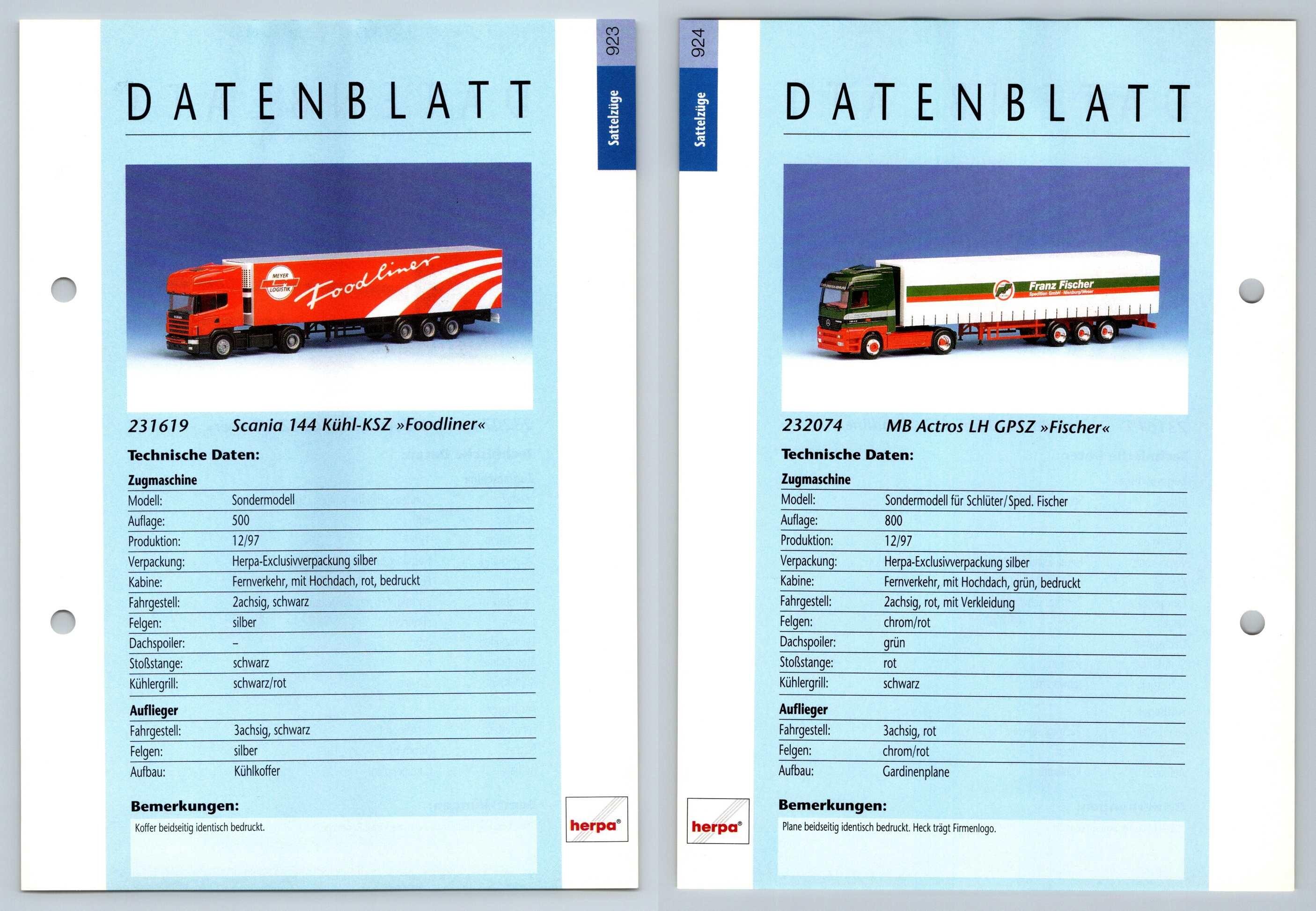 Scania 144 Kuhl / MB Actros LH GPSZ #923/4 Sattelzuge - Herpa Data Sheet-Breakoutcards