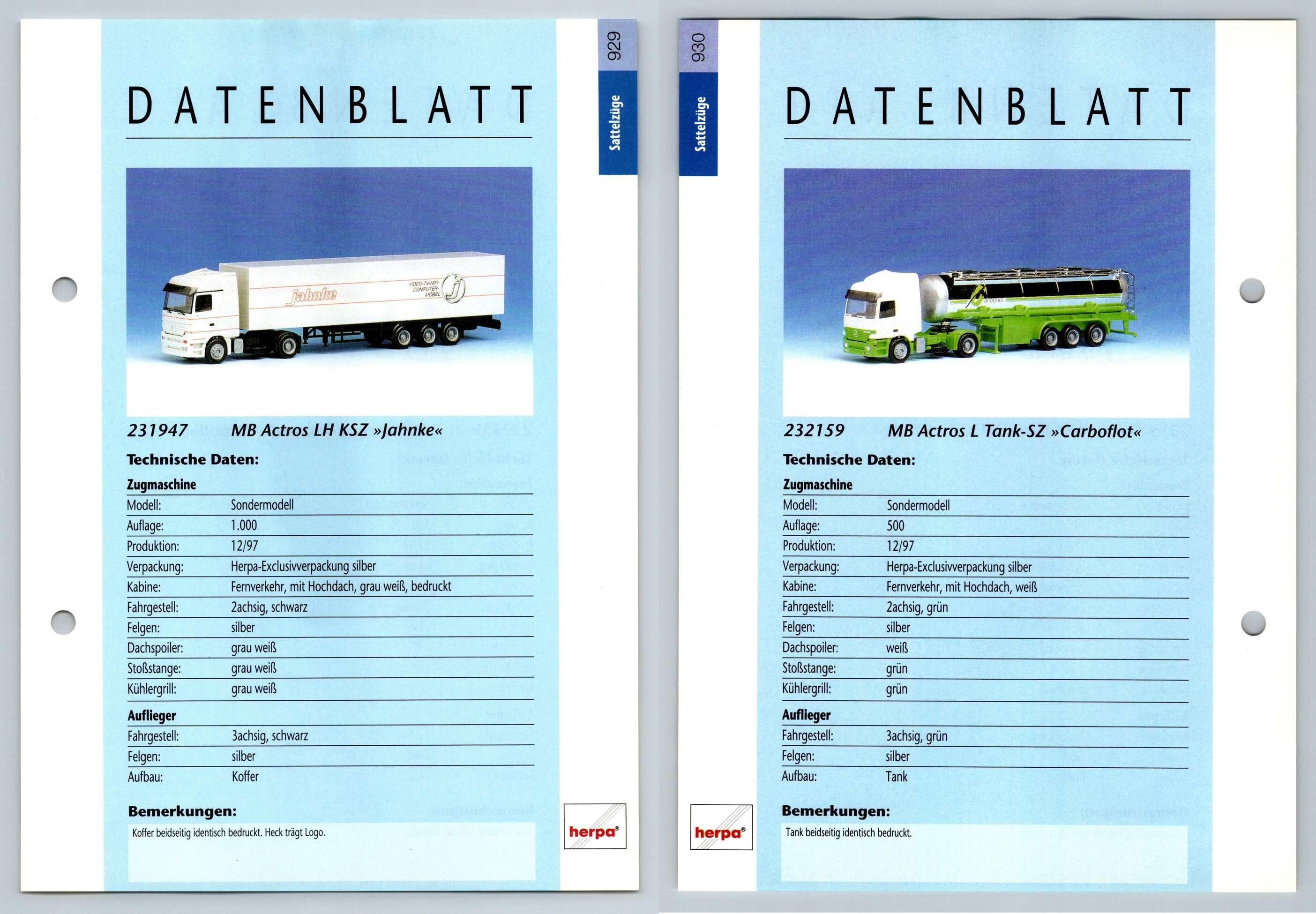 MB Actros LH KSZ / L Tank SZ #929/30 Sattelzuge - Herpa Data Sheet-Breakoutcards