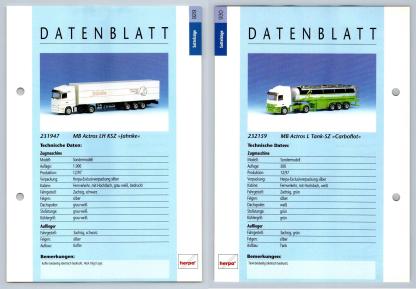 MB Actros LH KSZ / L Tank SZ #929/30 Sattelzuge - Herpa Data Sheet-Breakoutcards