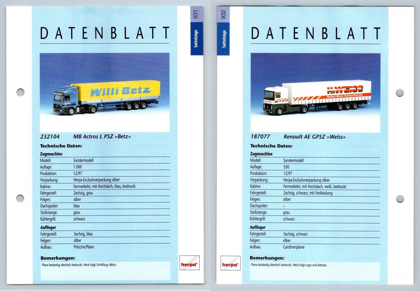 MB Actros L PSZ / Renault AE GPSZ #931/2 Sattelzuge - Herpa Data Sheet-Breakoutcards