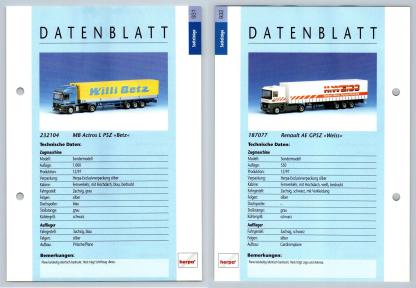 MB Actros L PSZ / Renault AE GPSZ #931/2 Sattelzuge - Herpa Data Sheet-Breakoutcards