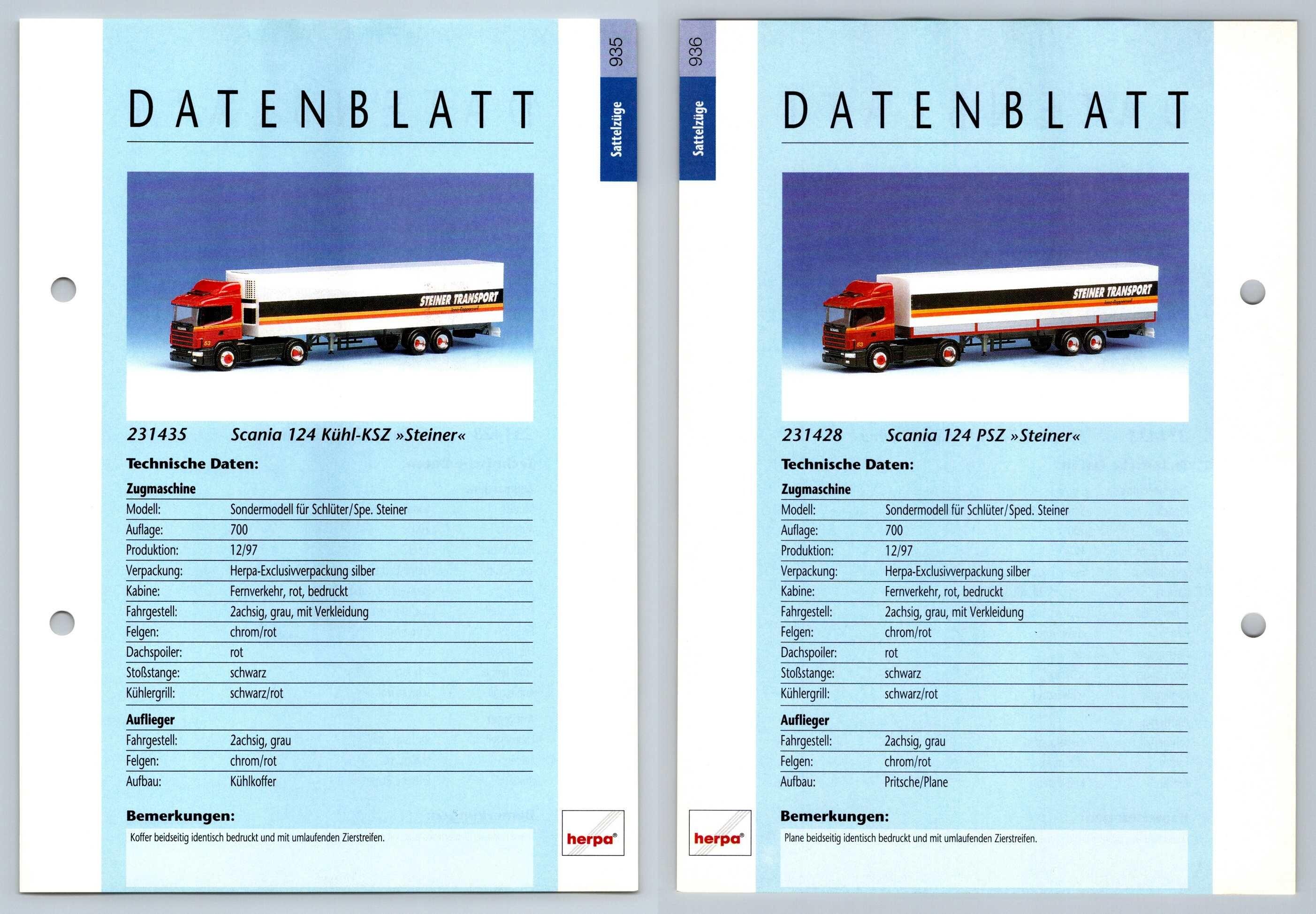 Scania 124 Kuhl / 124 PSZ #935/6 Sattelzuge - Herpa Data Sheet-Breakoutcards