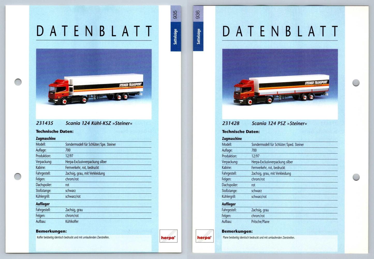 Scania 124 Kuhl / 124 PSZ #935/6 Sattelzuge - Herpa Data Sheet-Breakoutcards