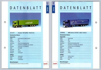 Scania 144 GPSZ / MB Actros LH KSZ #937/8 Sattelzuge - Herpa Data Sheet-Breakoutcards