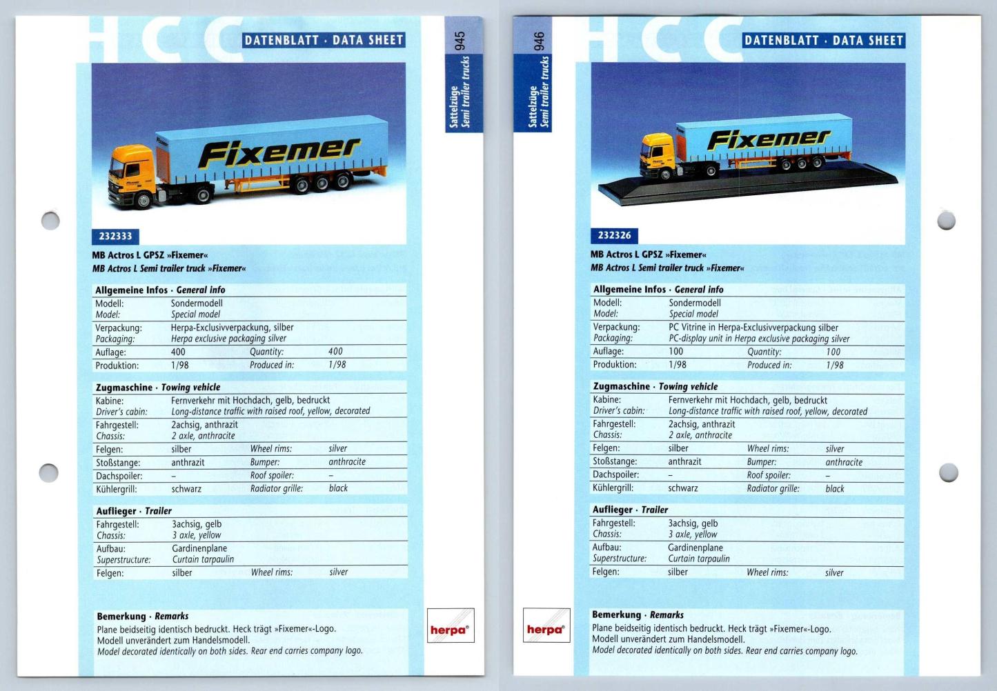 MB Actros L GPSZ Fixemer #945/6 Sattelzuge - Herpa Data Sheet-Breakoutcards
