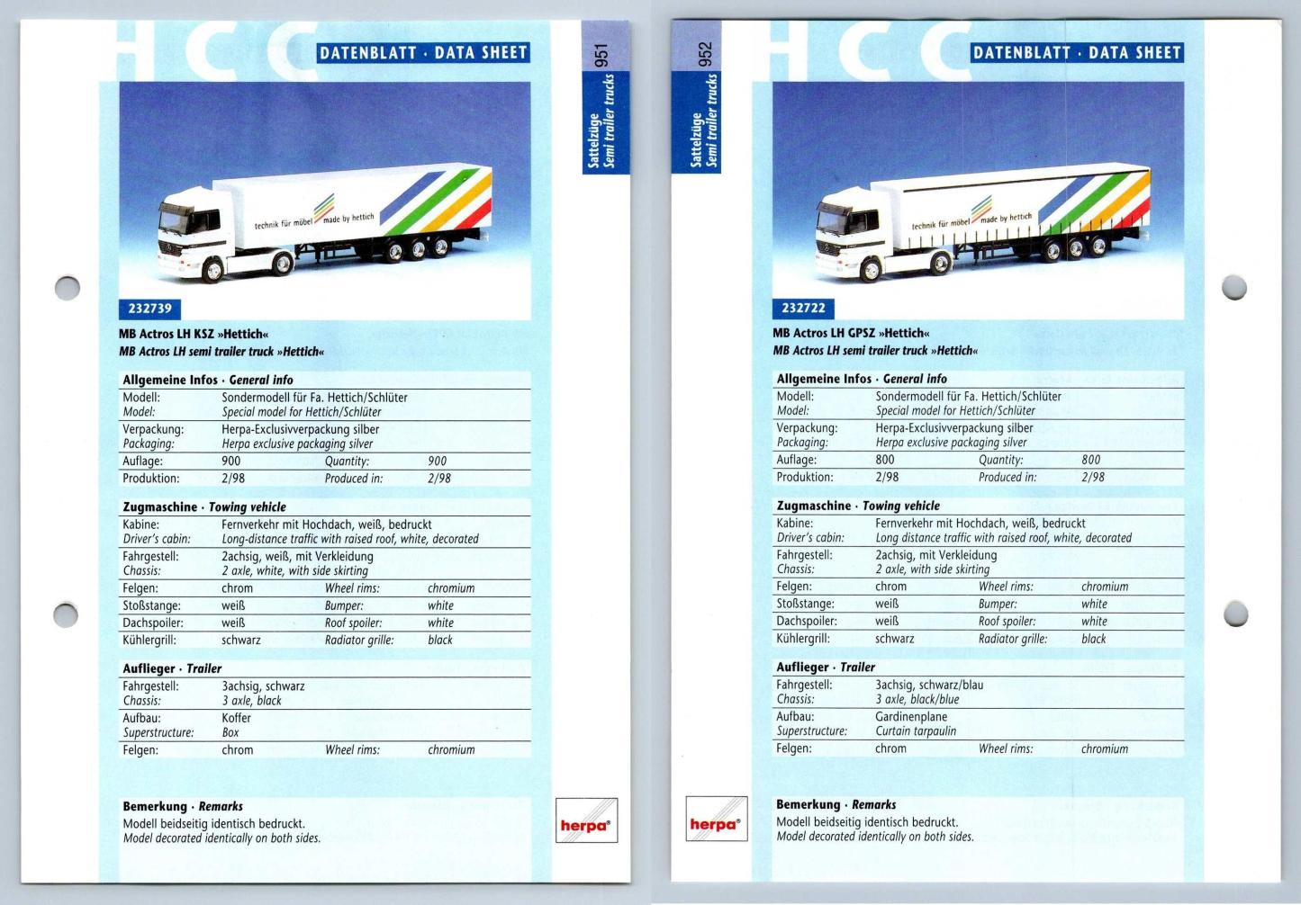 MB Actros LH KSZ Hettich/ GPSZ #951/2 Sattelzuge - Herpa Data Sheet-Breakoutcards