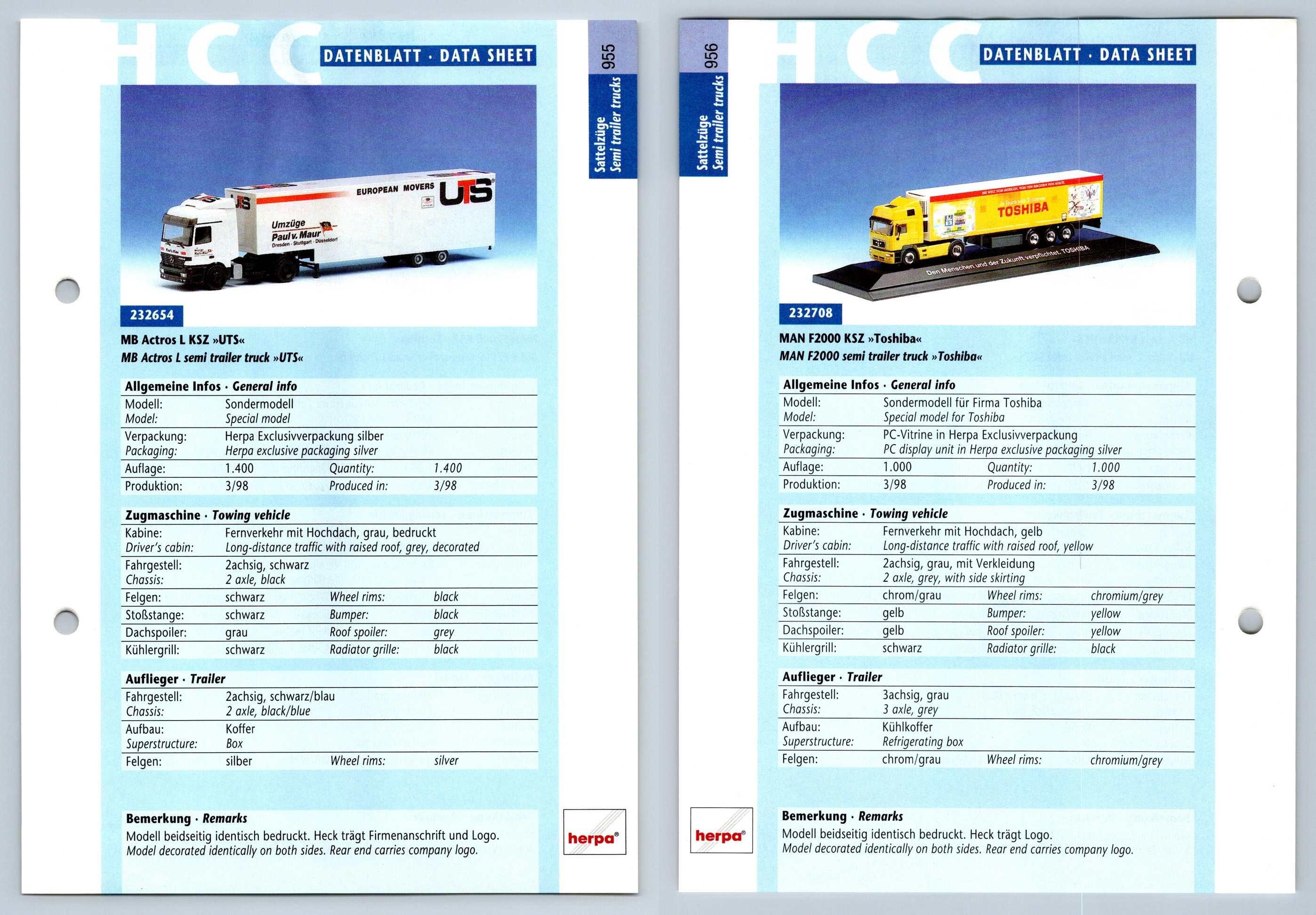 MB Actros L KSZ / MAN F2000 KSZ #955/6 Sattelzuge - Herpa Data Sheet-Breakoutcards