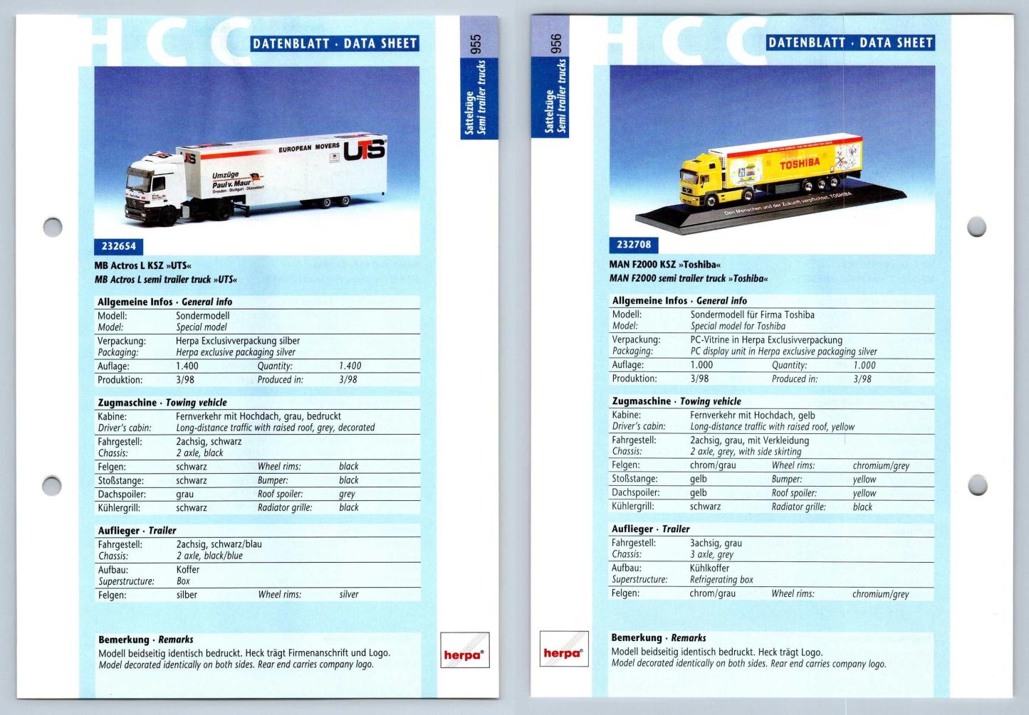 MB Actros L KSZ / MAN F2000 KSZ #955/6 Sattelzuge - Herpa Data Sheet-Breakoutcards