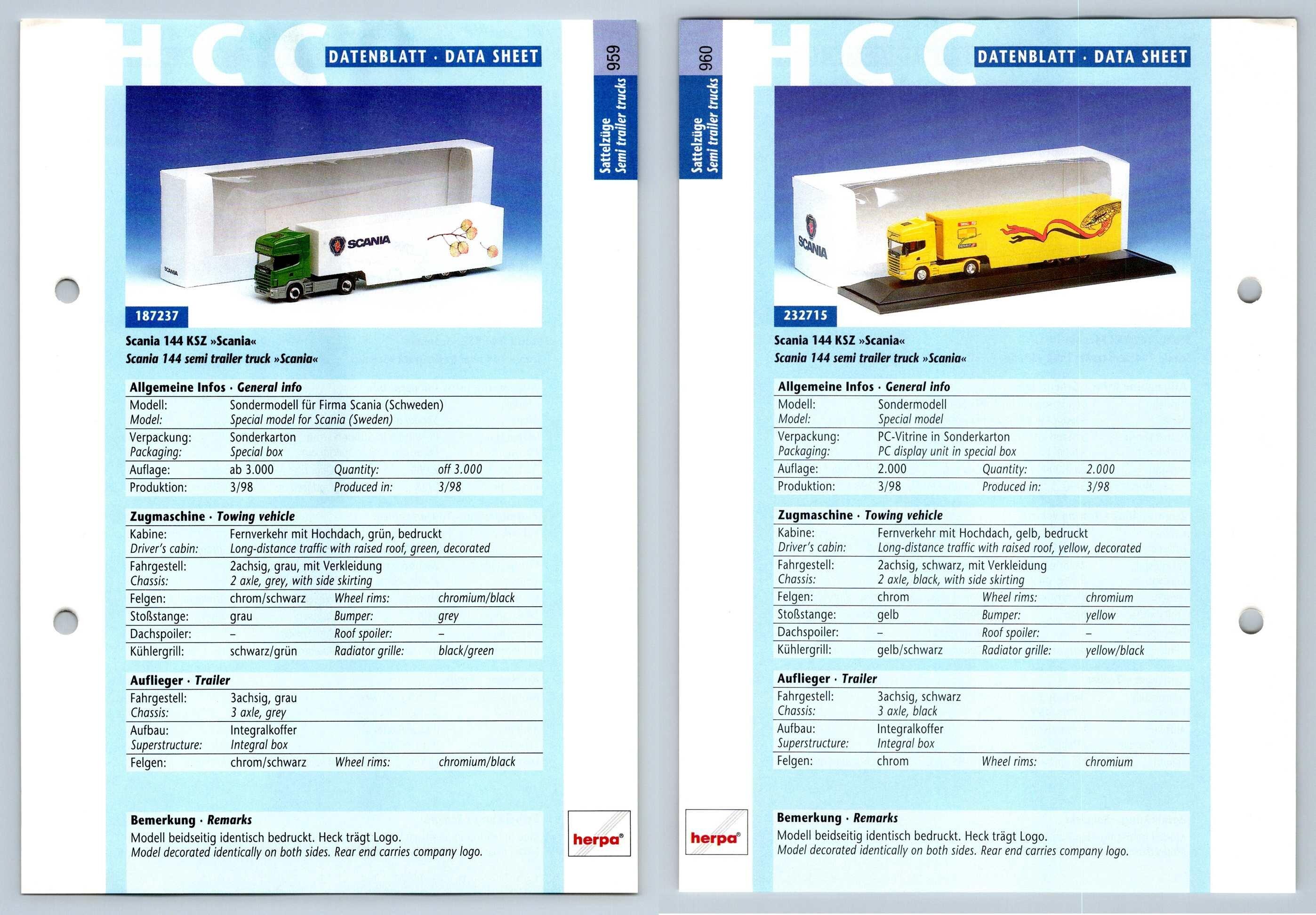 Scania 144 KSZ Scania #959/60 Sattelzuge - Herpa Data Sheet-Breakoutcards