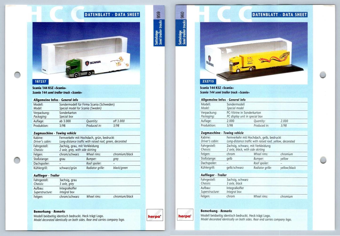 Scania 144 KSZ Scania #959/60 Sattelzuge - Herpa Data Sheet-Breakoutcards