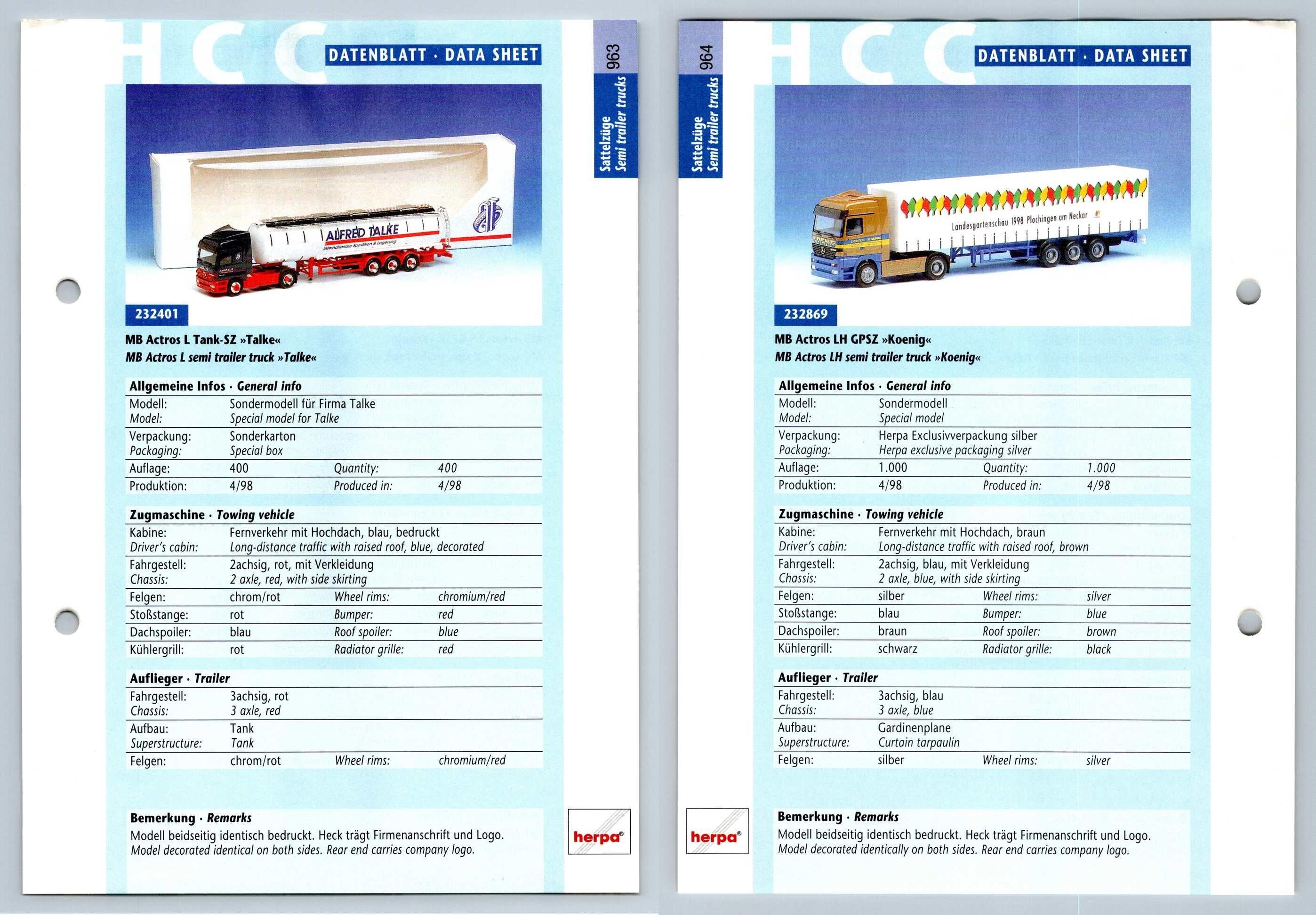 MB Actros L Tank / LH GPSZ #963/4 Sattelzuge - Herpa Data Sheet-Breakoutcards