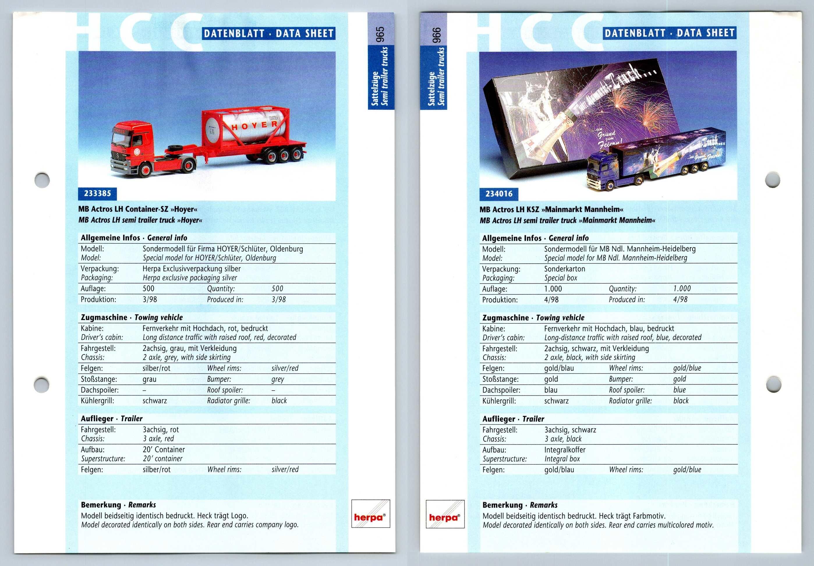 MB Actros LH Container / KSZ #965/6 Sattelzuge - Herpa Data Sheet-Breakoutcards