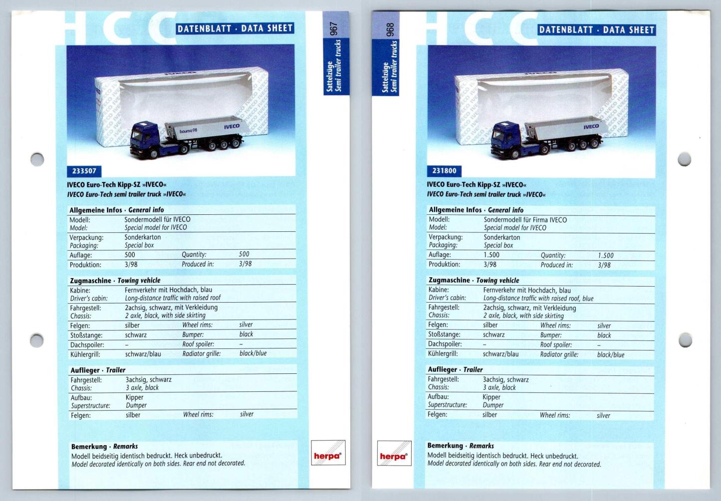 IVECO Euro-Tech Kipp SZ #967/8 Sattelzuge - Herpa Data Sheet-Breakoutcards