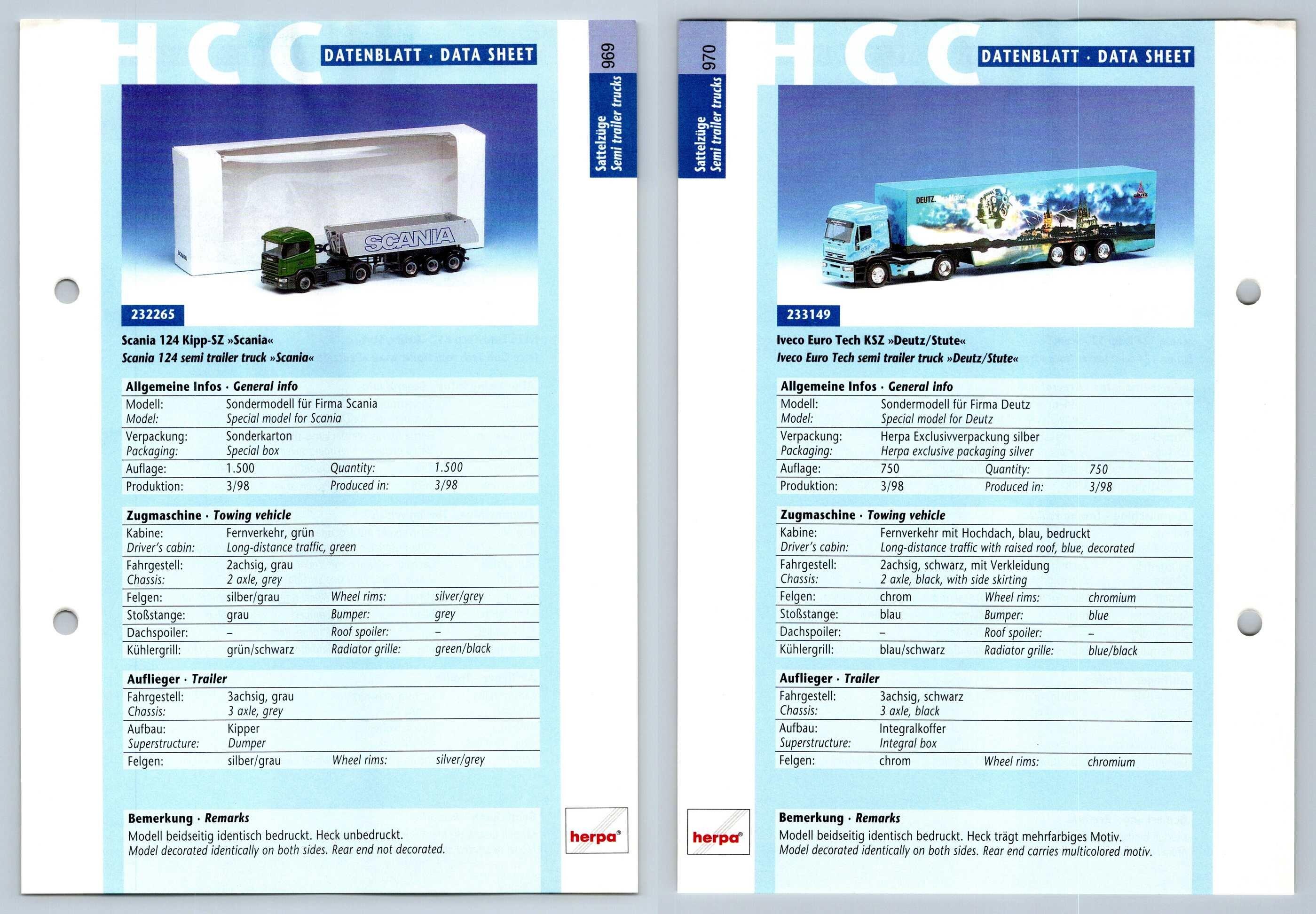 Scania 124 Kipp / Iveco Euro Tech #969/70 Sattelzuge - Herpa Data Sheet-Breakoutcards