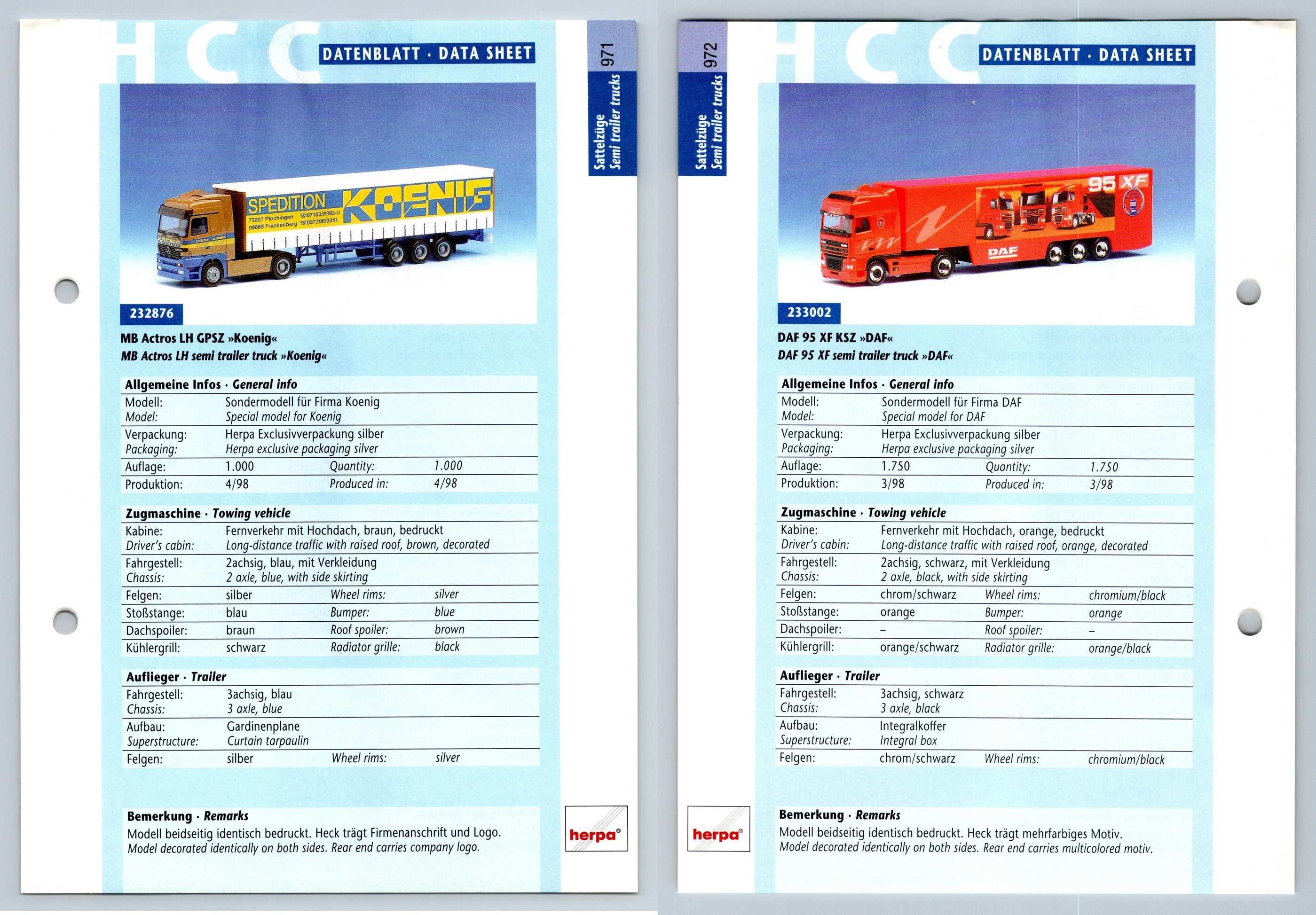 MB Actros LH / DAF 95 XF #971/2 Sattelzuge - Herpa Data Sheet-Breakoutcards