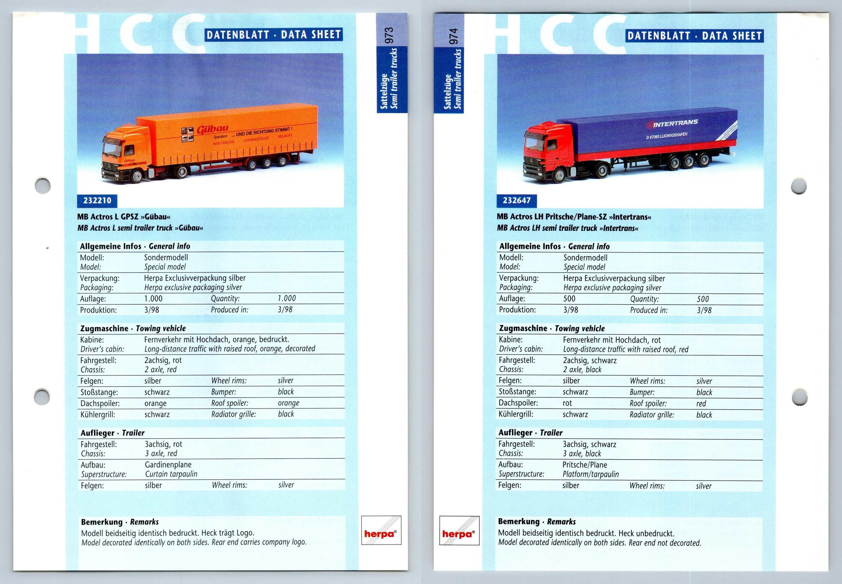 MB Actross L GPSZ / MB Actros LH #973/4 Sattelzuge - Herpa Data Sheet-Breakoutcards