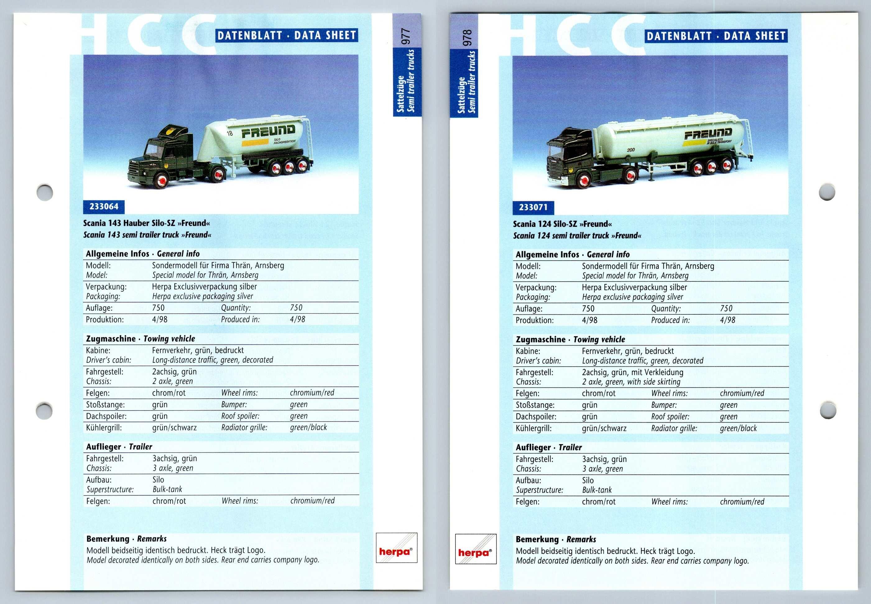 Scania 143 / 124 Silo SZ #977/8 Sattelzuge - Herpa Data Sheet-Breakoutcards