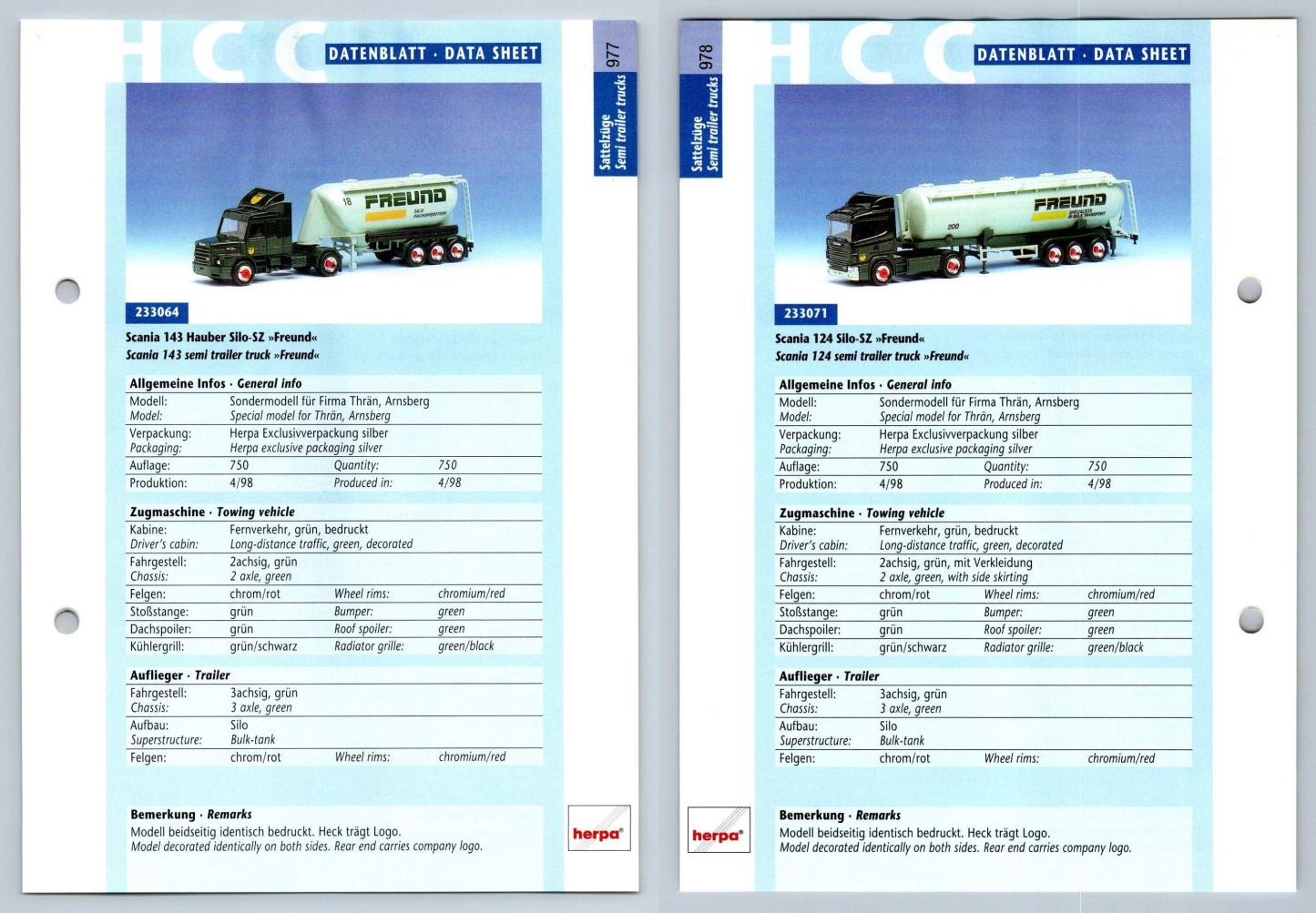 Scania 143 / 124 Silo SZ #977/8 Sattelzuge - Herpa Data Sheet-Breakoutcards