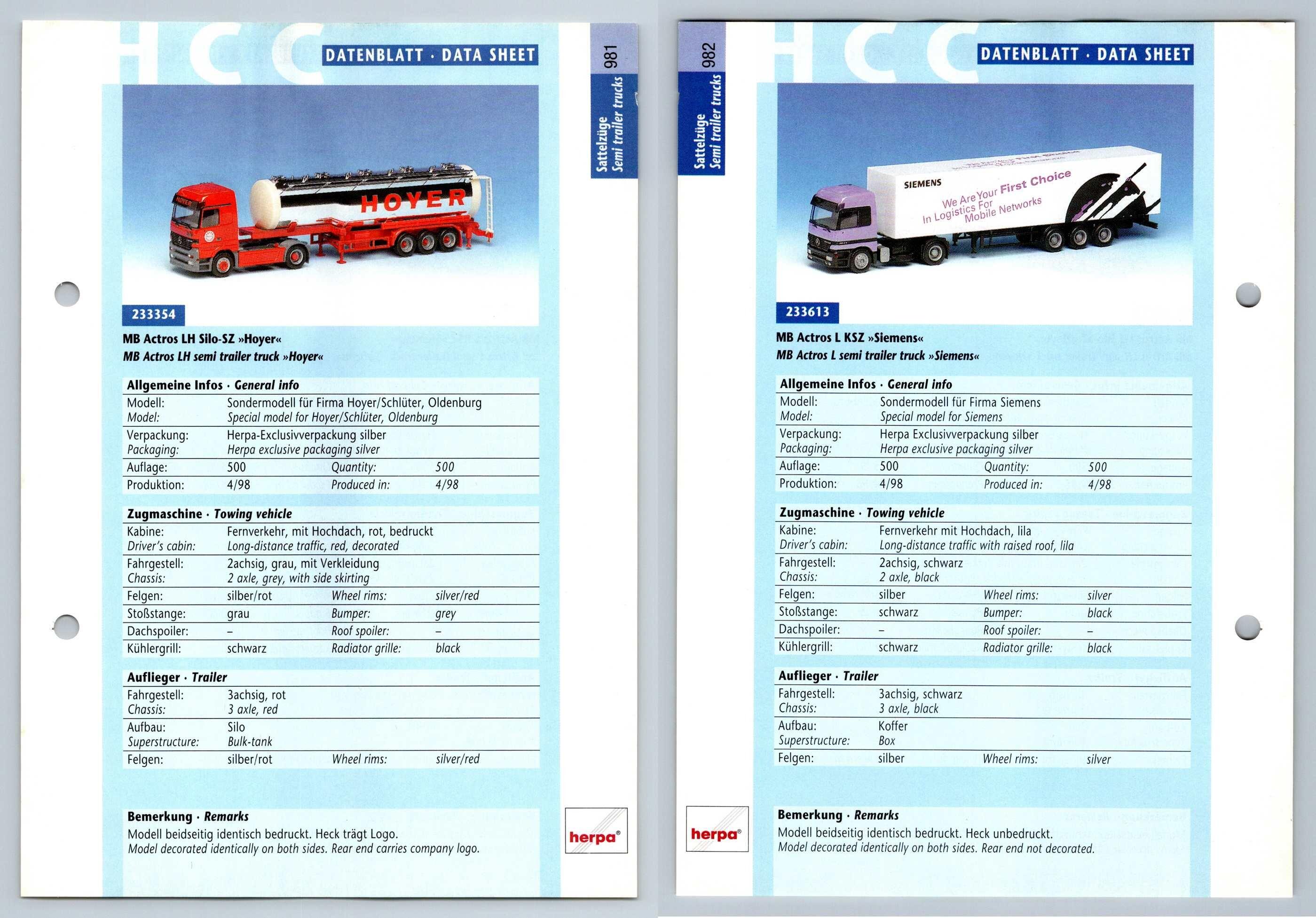 MB Actros LH Silo / L KSZ #981/2 Sattelzuge - Herpa Data Sheet-Breakoutcards