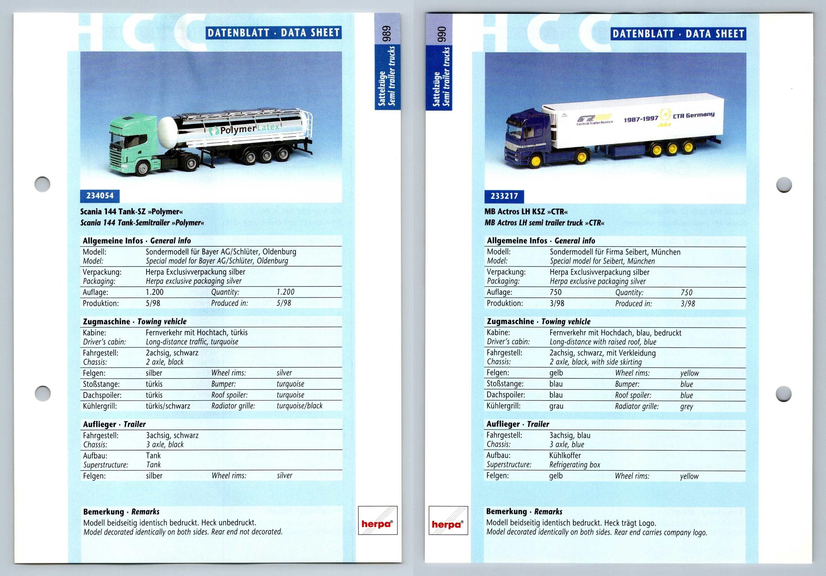 Scania 144 Tank / MB Actros LH #989/90 Sattelzuge - Herpa Data Sheet-Breakoutcards