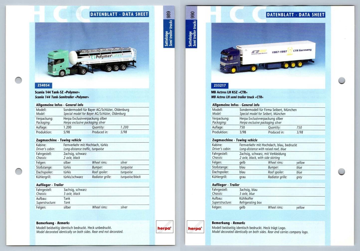 Scania 144 Tank / MB Actros LH #989/90 Sattelzuge - Herpa Data Sheet-Breakoutcards