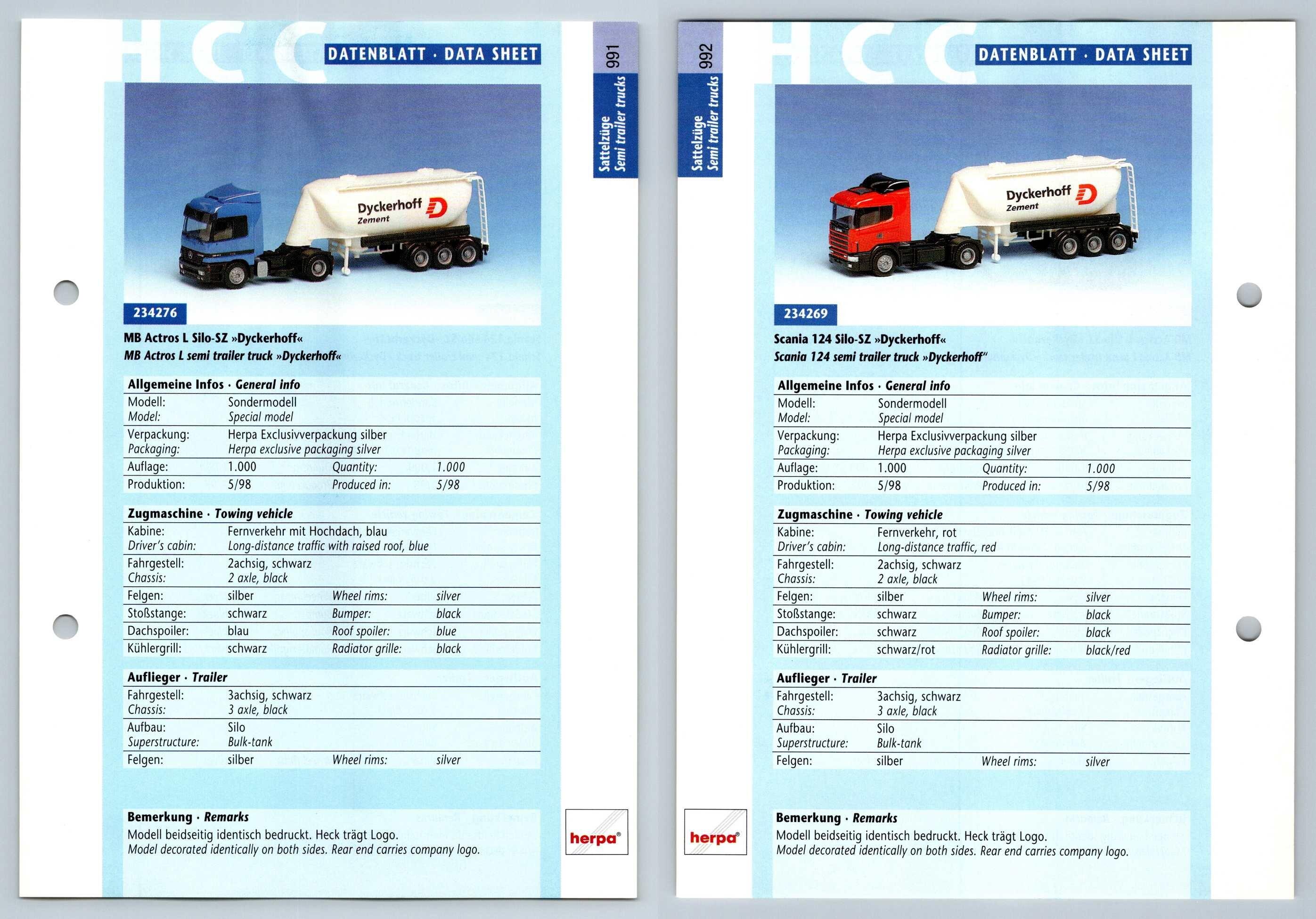 MB Actros L Silo / Scania 124 SIlo #991/2 Sattelzuge - Herpa Data Sheet-Breakoutcards
