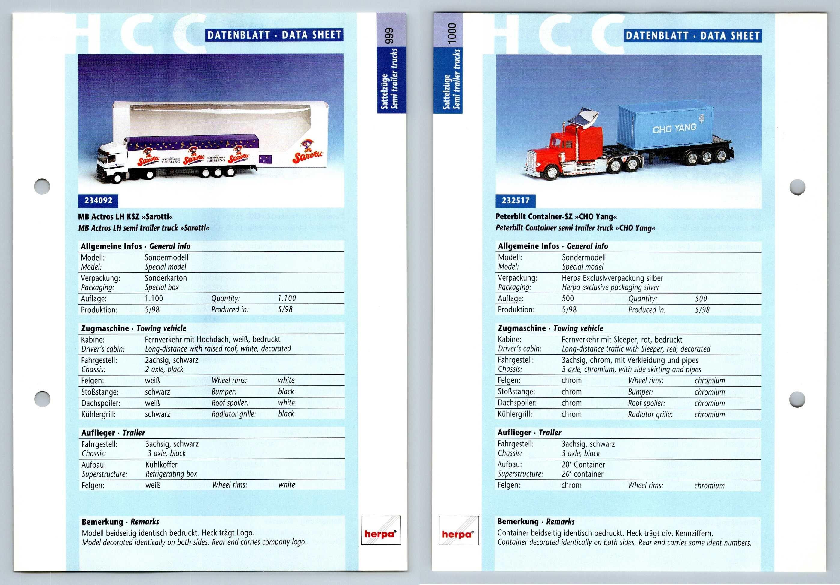 MB Actros LH / Peterbilt Container #999/1000 Sattelzuge - Herpa Data Sheet-Breakoutcards
