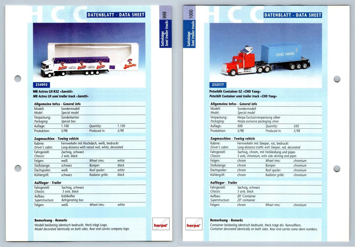 MB Actros LH / Peterbilt Container #999/1000 Sattelzuge - Herpa Data Sheet-Breakoutcards