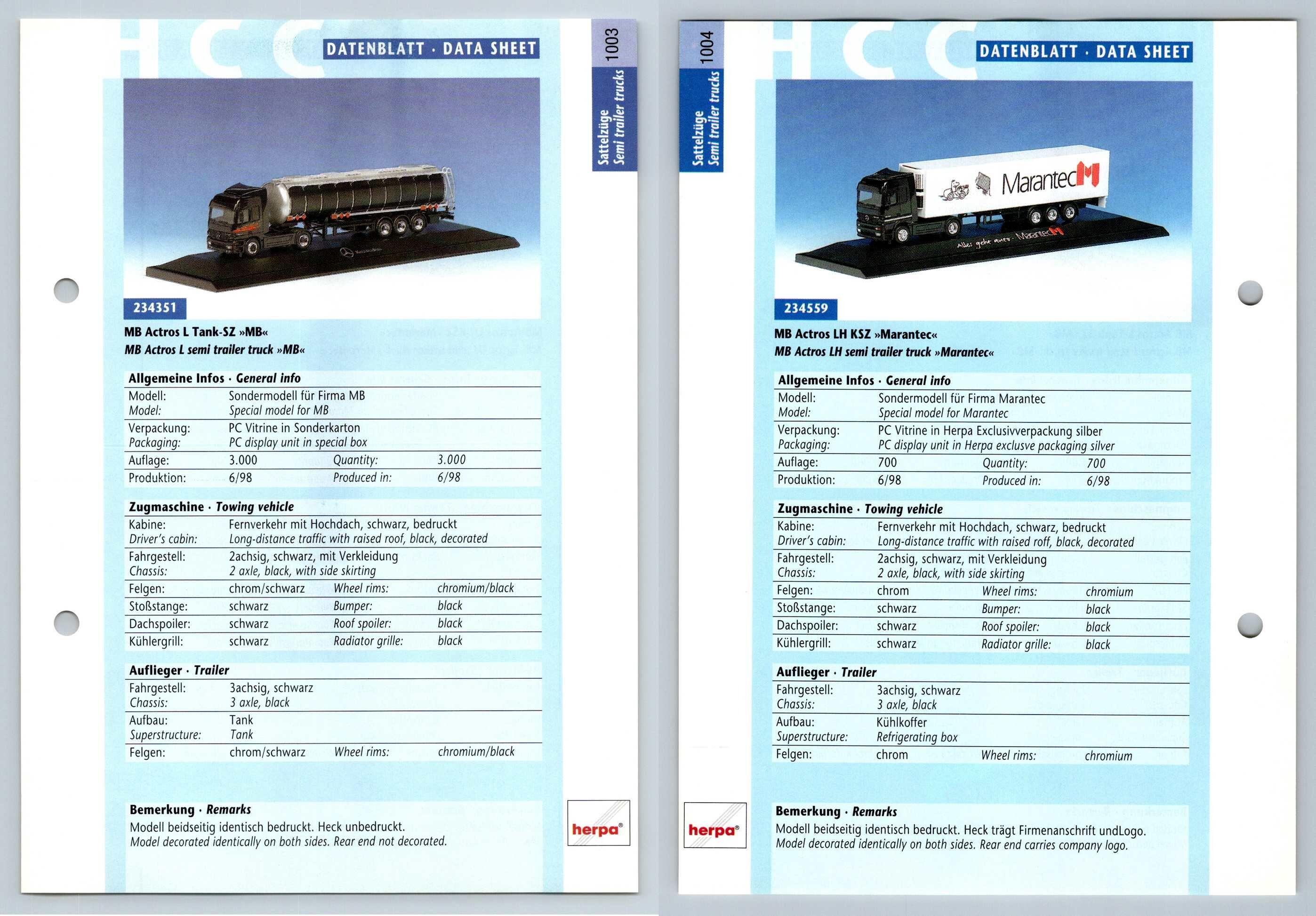 MB Actros L Tank / LH KSZ #1003/4 Sattelzuge - Herpa Data Sheet-Breakoutcards