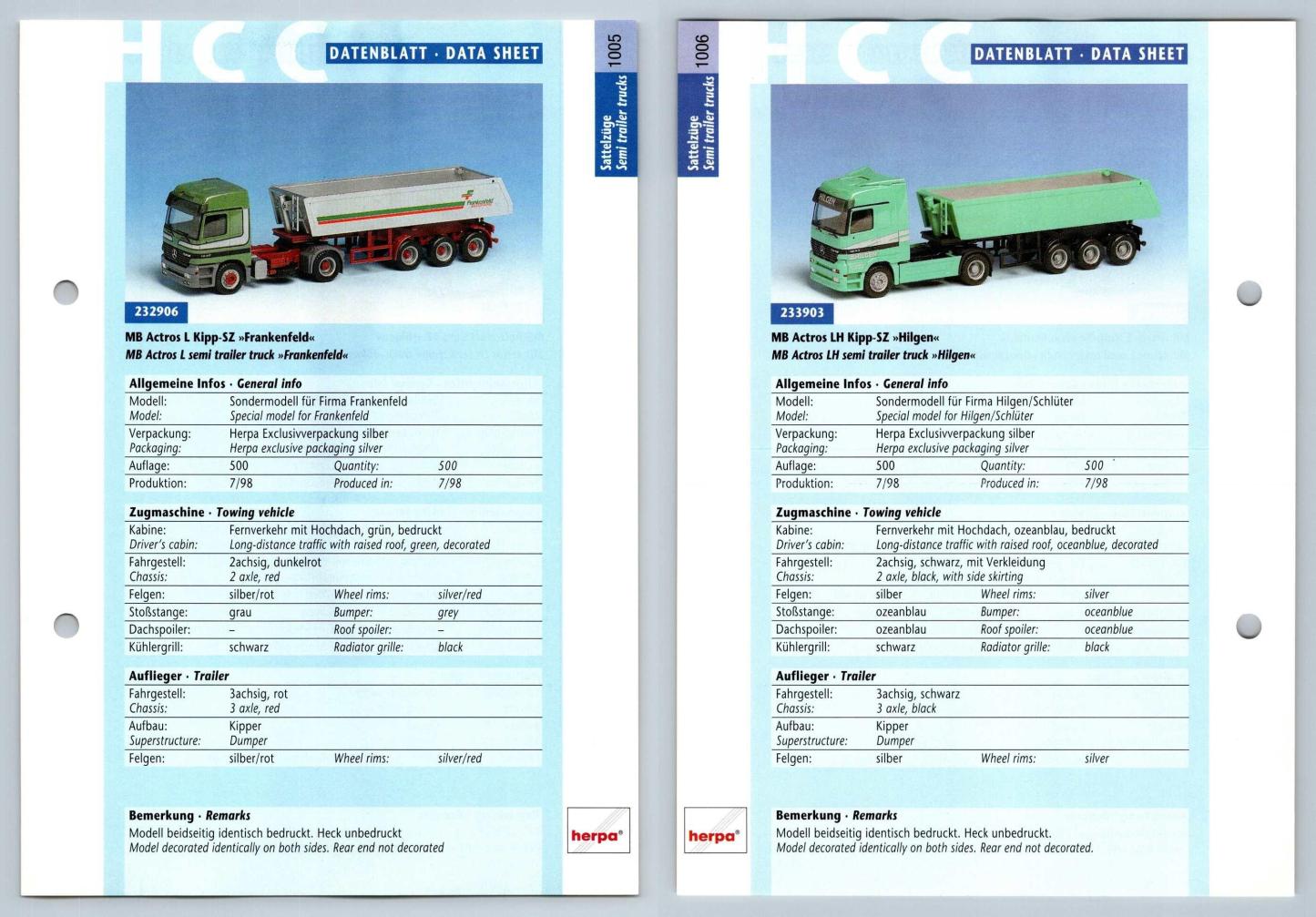 MB Actros L Kipp Frankenfeld / Hilgen #1005/6 Sattelzuge - Herpa Data Sheet-Breakoutcards