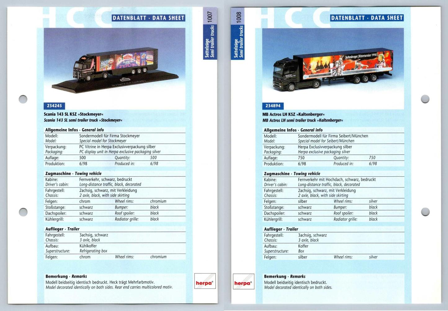 Scania 143 SL / MB Actros LH #1007/8 Sattelzuge - Herpa Data Sheet-Breakoutcards