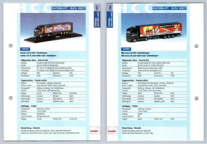 Scania 143 SL / MB Actros LH #1007/8 Sattelzuge - Herpa Data Sheet-Breakoutcards