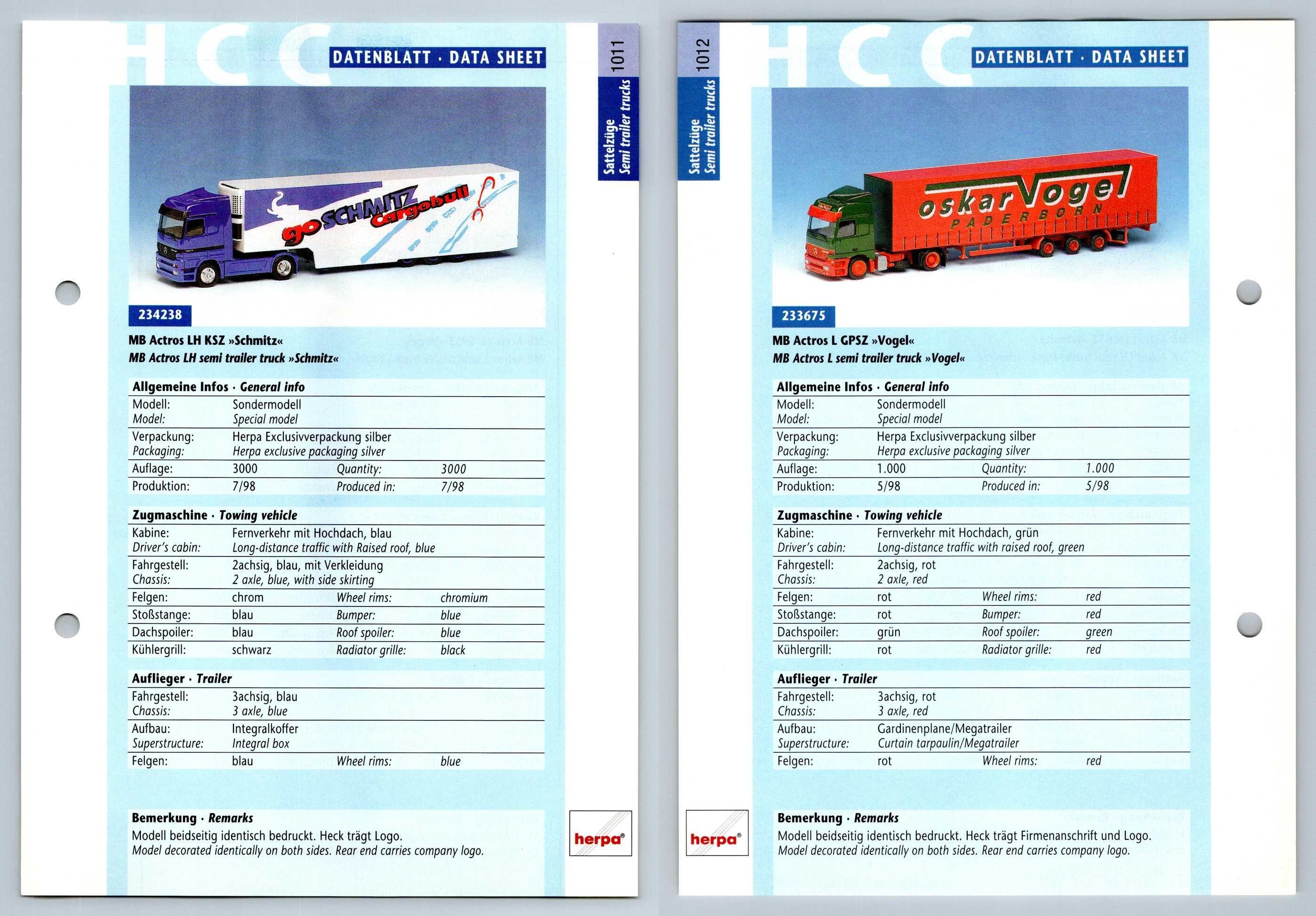 MB Actros LH / L GPSZ #1011/2 Sattelzuge - Herpa Data Sheet-Breakoutcards