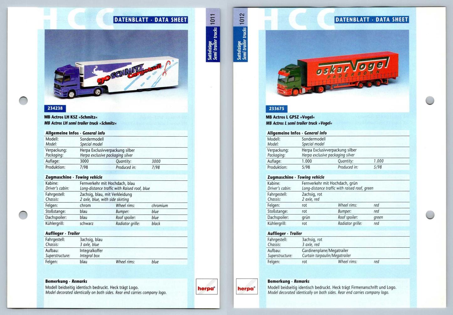 MB Actros LH / L GPSZ #1011/2 Sattelzuge - Herpa Data Sheet-Breakoutcards
