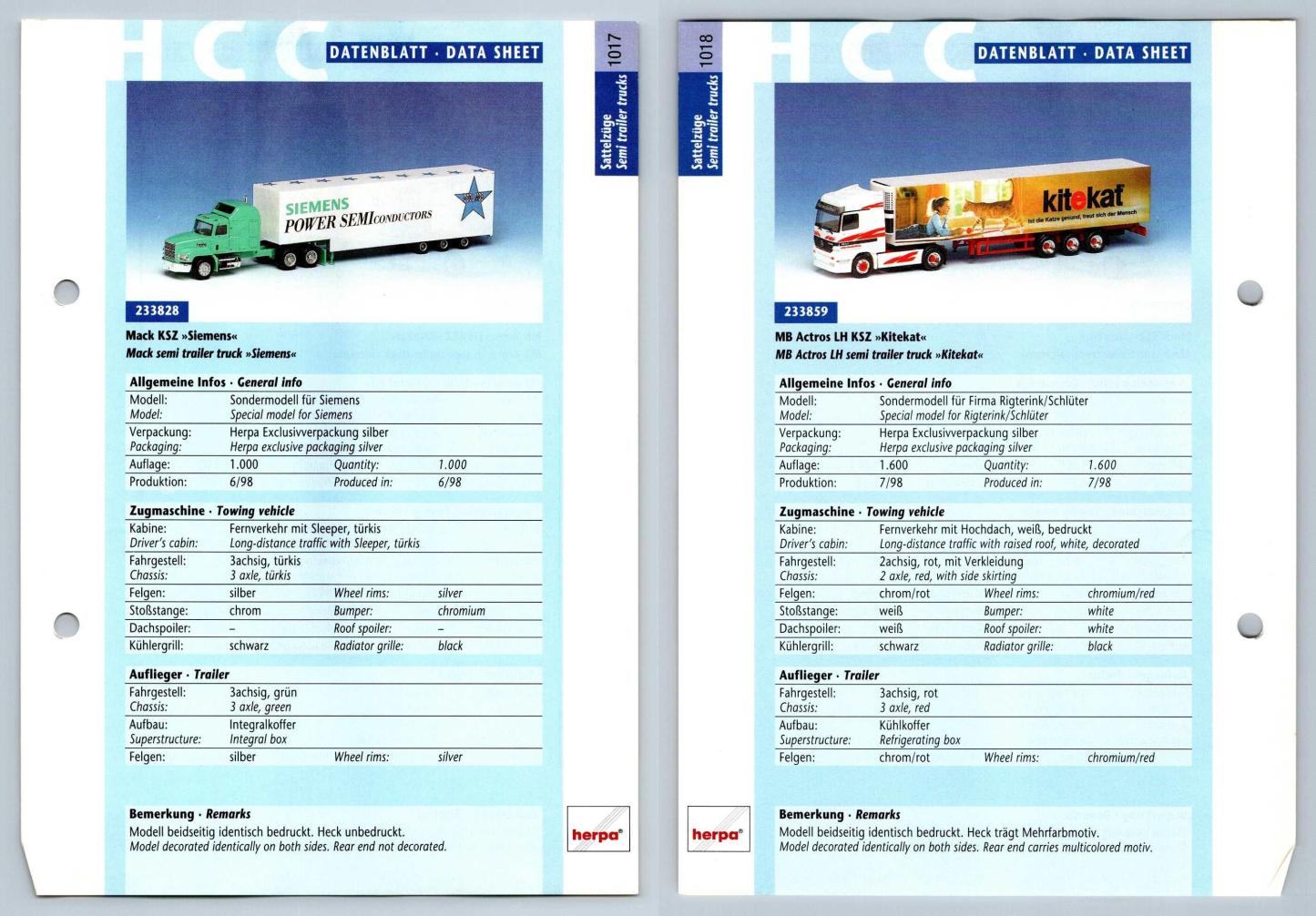 Mack KSZ / MB Actros LH #1017/8 Sattelzuge - Herpa Data Sheet-Breakoutcards