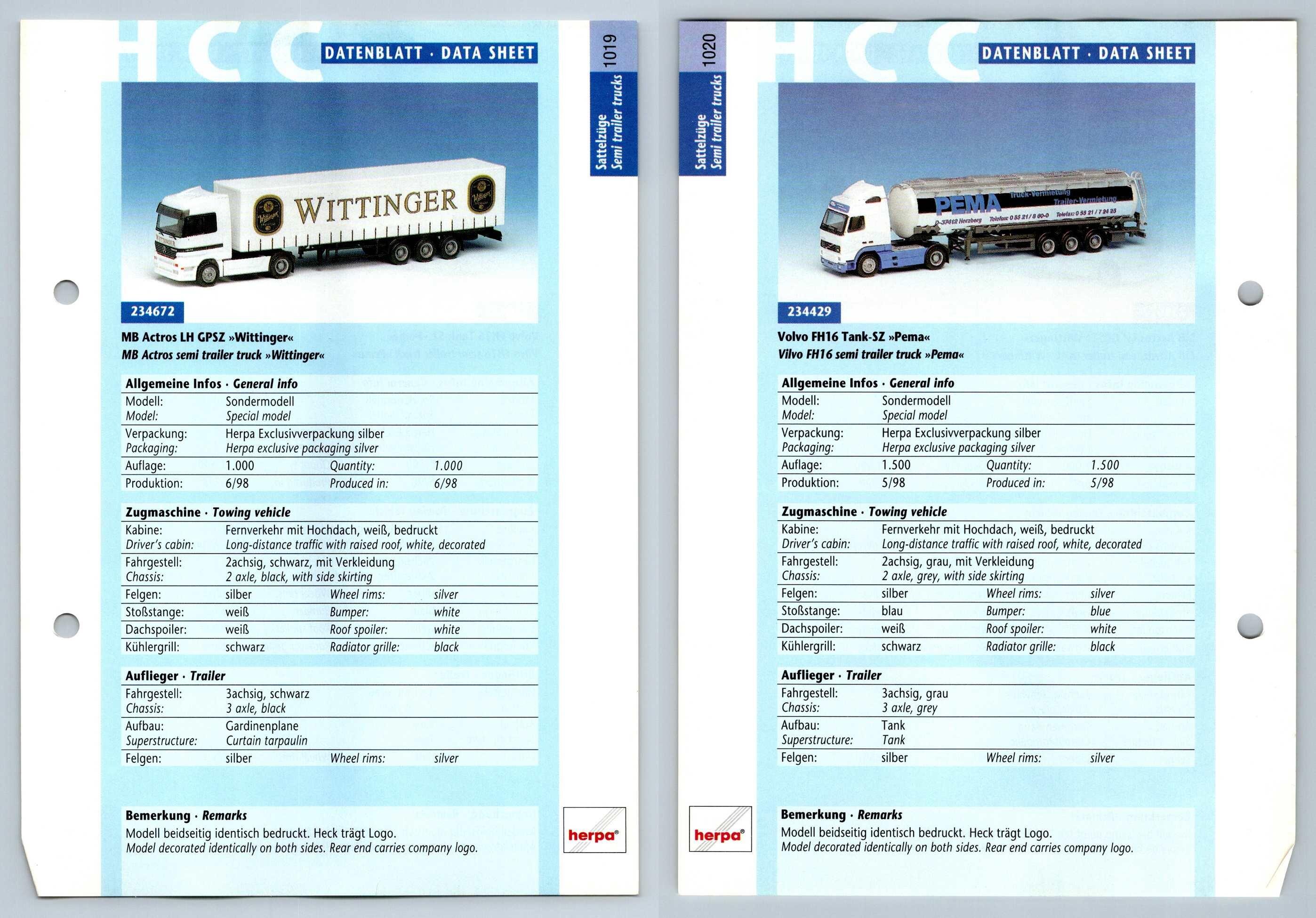 MB Actros LH / Volvo FH16 #1019/20 Sattelzuge - Herpa Data Sheet-Breakoutcards