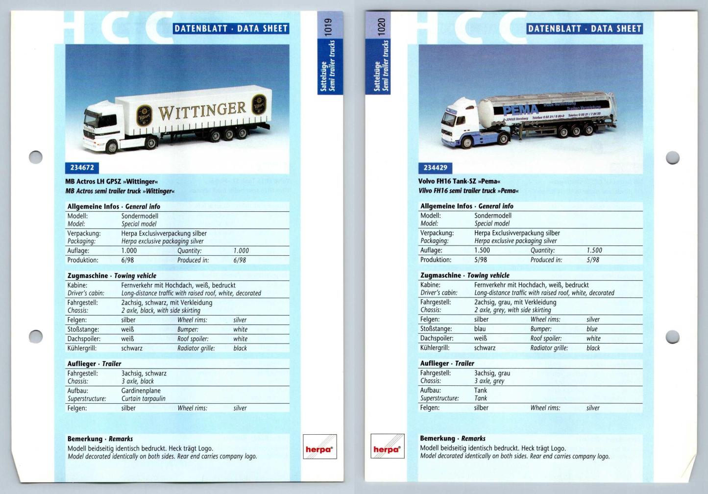 MB Actros LH / Volvo FH16 #1019/20 Sattelzuge - Herpa Data Sheet-Breakoutcards