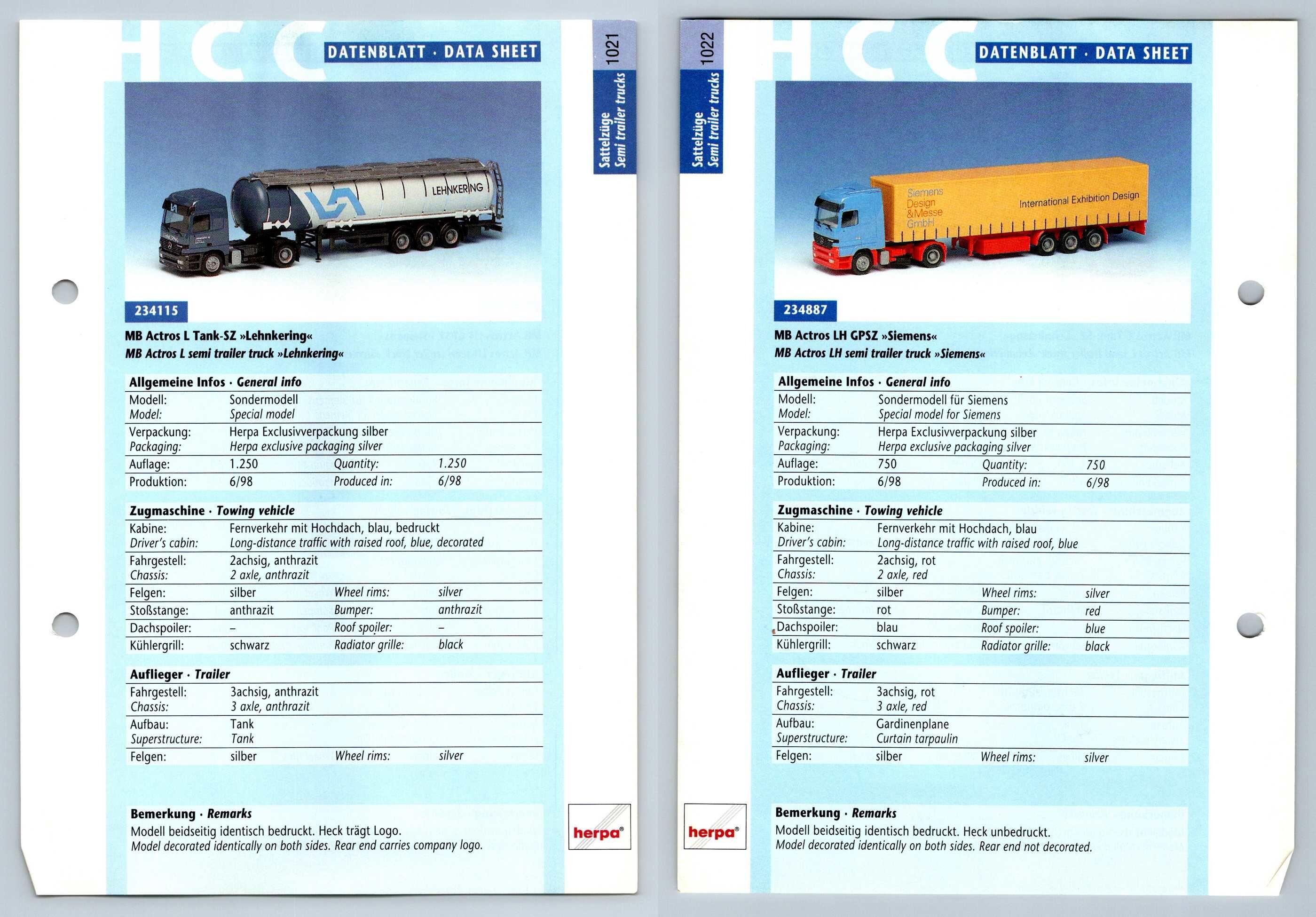 MB Actros L / LH GPSZ #1021/2 Sattelzuge - Herpa Data Sheet-Breakoutcards