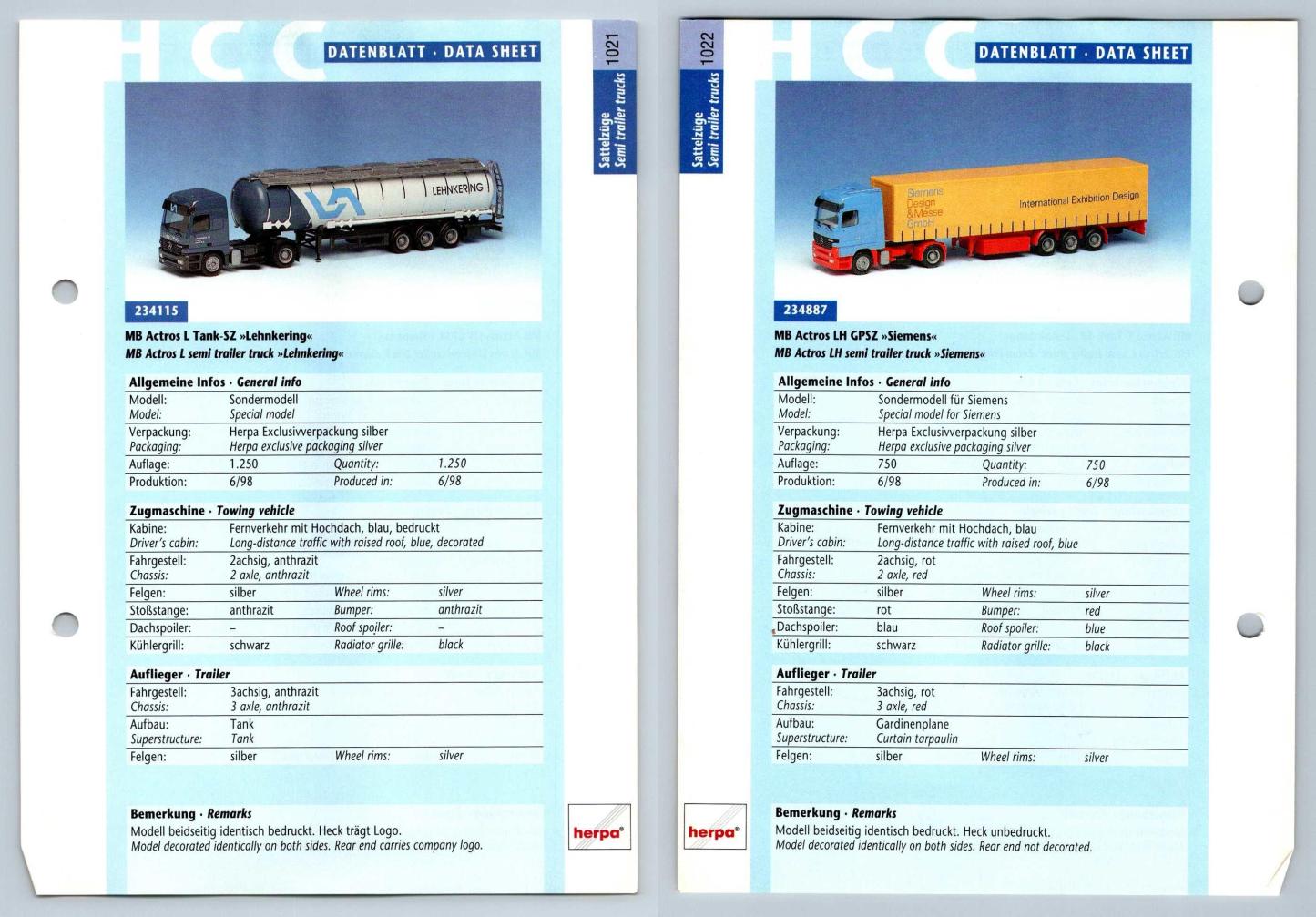 MB Actros L / LH GPSZ #1021/2 Sattelzuge - Herpa Data Sheet-Breakoutcards