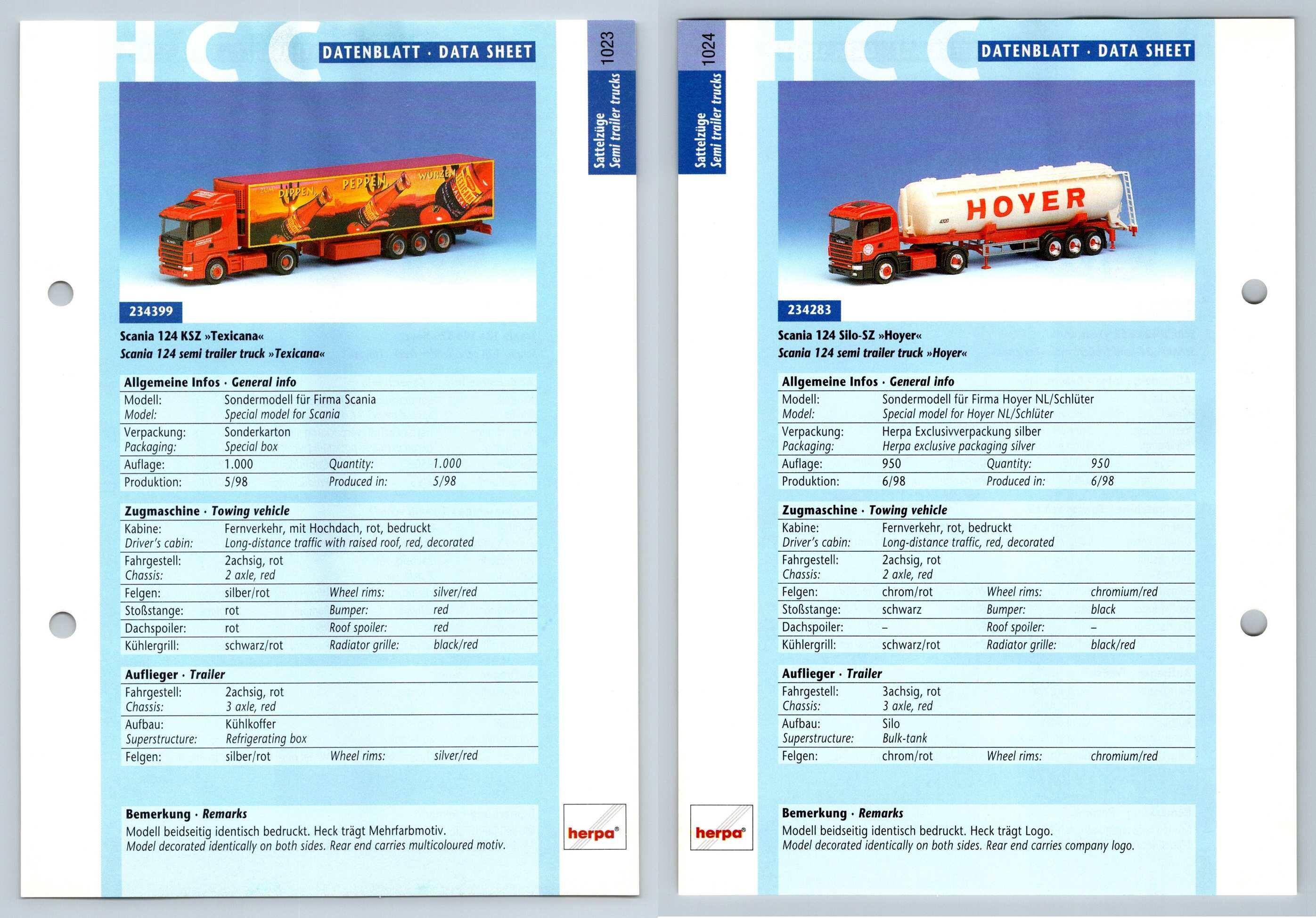 Scania 124 KSZ / Silo SZ #1023/4 Sattelzuge - Herpa Data Sheet-Breakoutcards