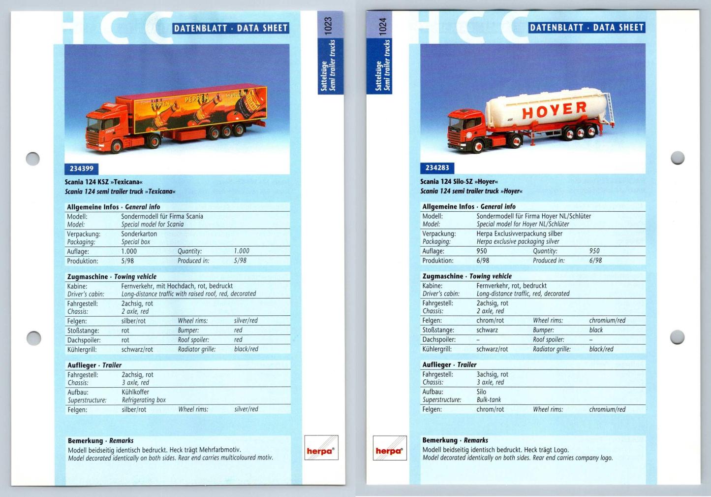 Scania 124 KSZ / Silo SZ #1023/4 Sattelzuge - Herpa Data Sheet-Breakoutcards