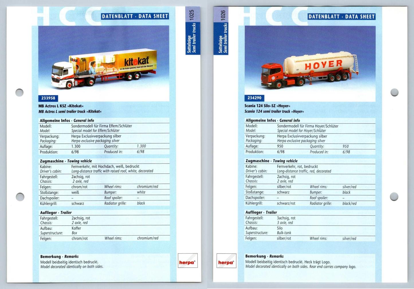 MB Actros L / Scania 124 Silo #1025/6 Sattelzuge - Herpa Data Sheet-Breakoutcards