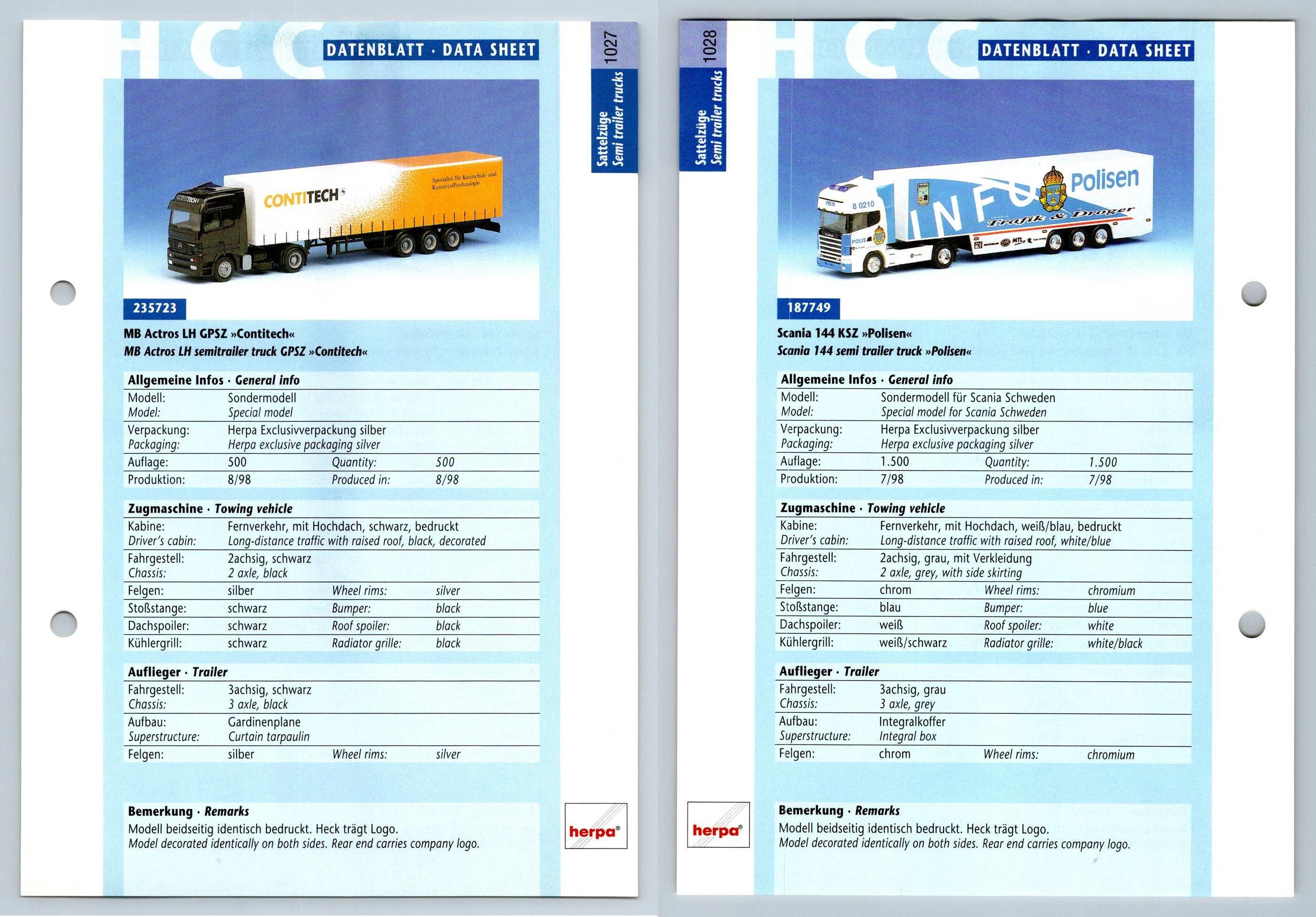 MB Actros LH / Scania 144 KSZ #1027/8 Sattelzuge - Herpa Data Sheet-Breakoutcards