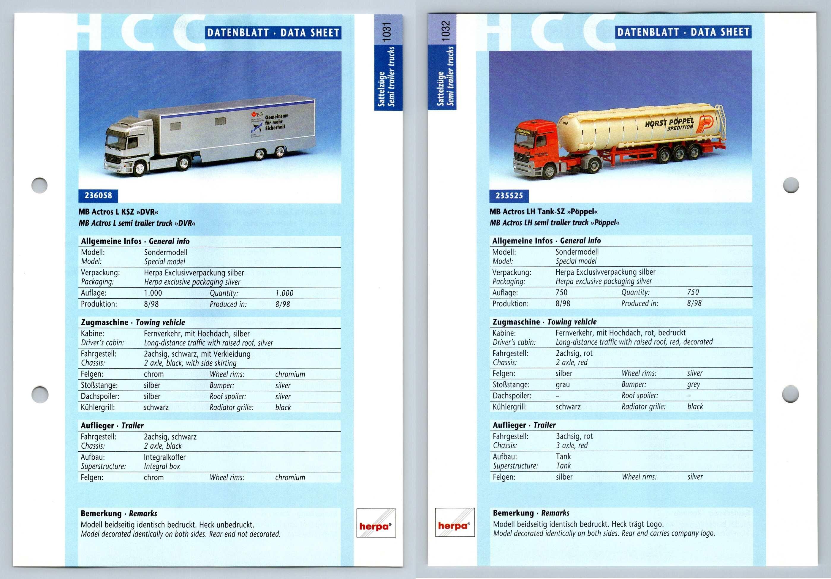MB Actros L / LH Tank #1031/2 Sattelzuge - Herpa Data Sheet-Breakoutcards