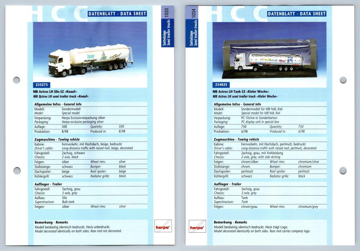 MB AActros LH Silo / Tank #1033/4 Sattelzuge - Herpa Data Sheet-Breakoutcards