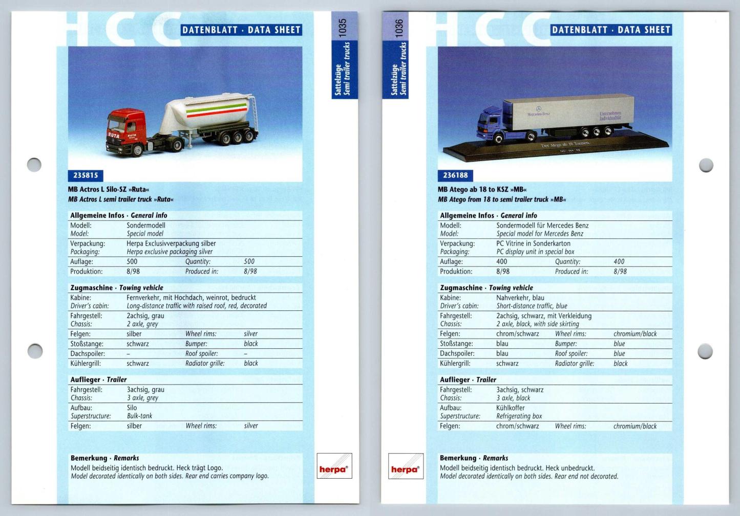 MB Actros L Silo / MB Atego ab 18 #1035/6 Sattelzuge - Herpa Data Sheet-Breakoutcards