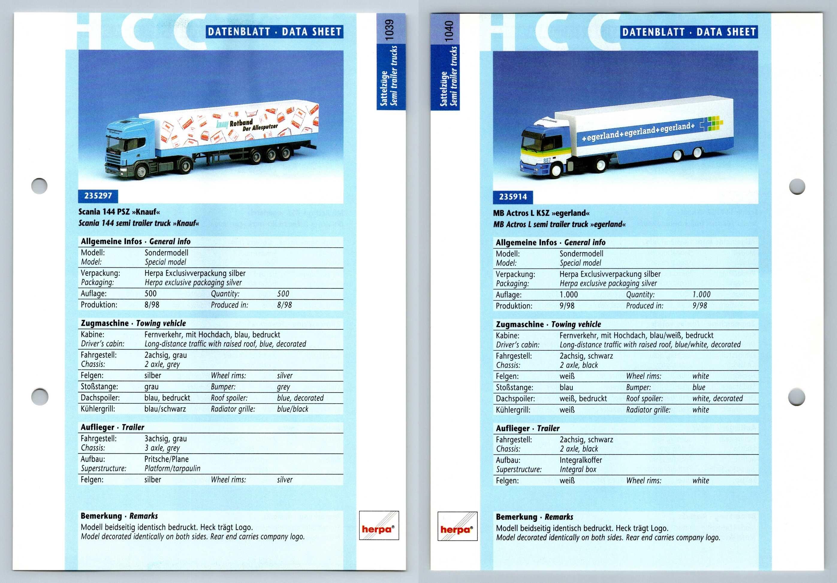 Scania 144 PSZ / MB Actross L #1039/40 Sattelzuge - Herpa Data Sheet-Breakoutcards