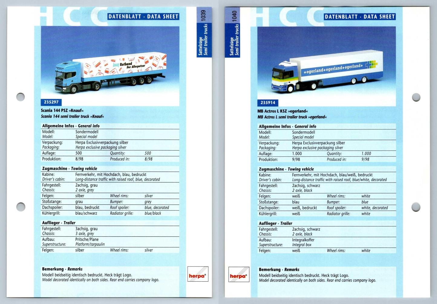 Scania 144 PSZ / MB Actross L #1039/40 Sattelzuge - Herpa Data Sheet-Breakoutcards