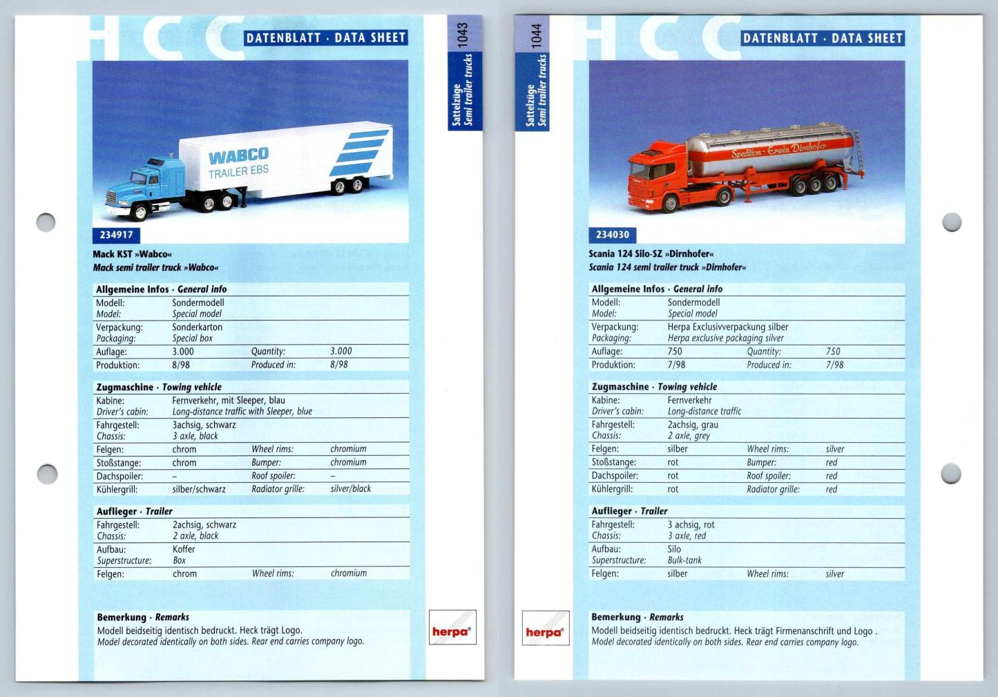 Mack KST / Scania 124 Silo #1043/4 Sattelzuge - Herpa Data Sheet-Breakoutcards